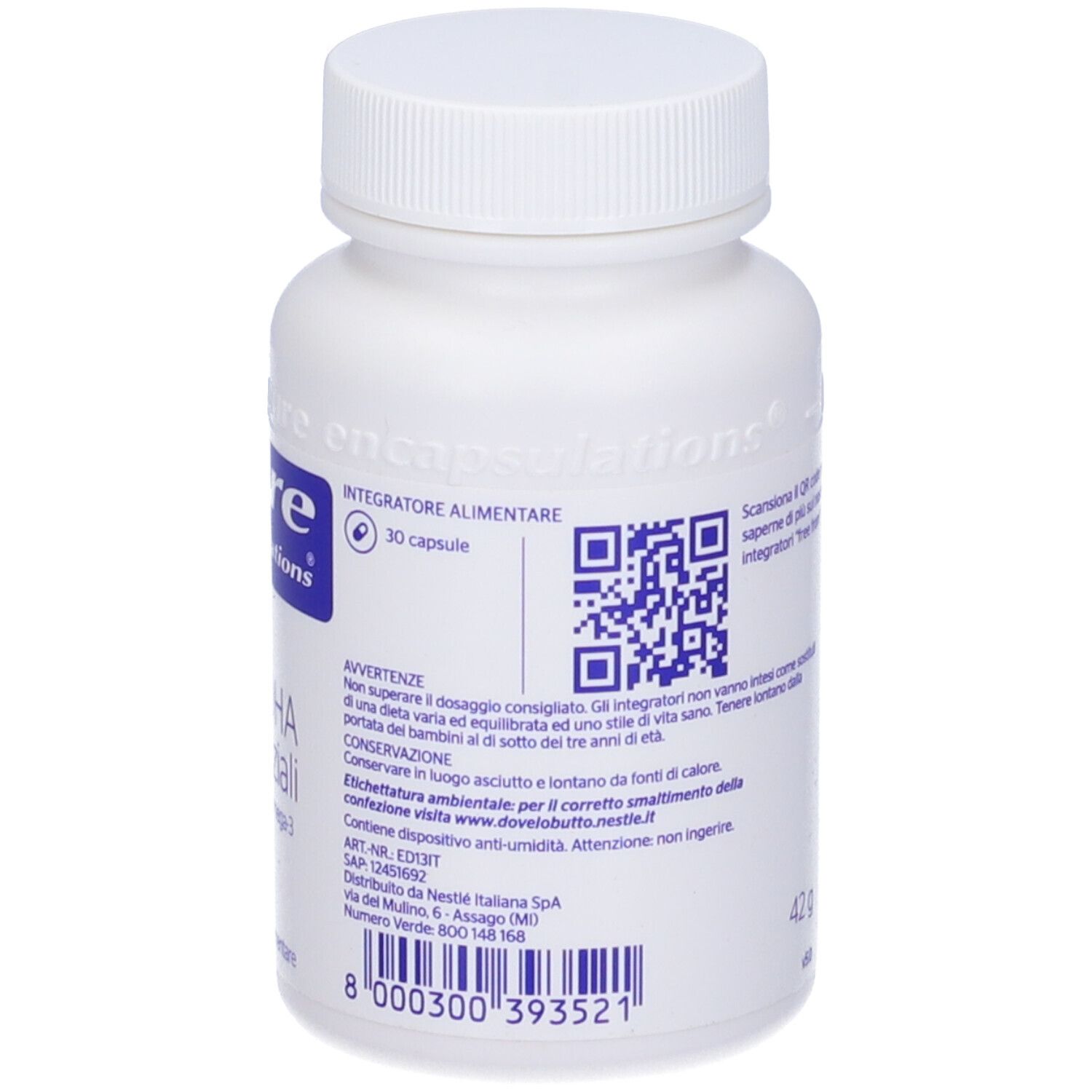 Retro di un flacone bianco con capsule. Codice QR e testo. 30 capsule. Testo in italiano.