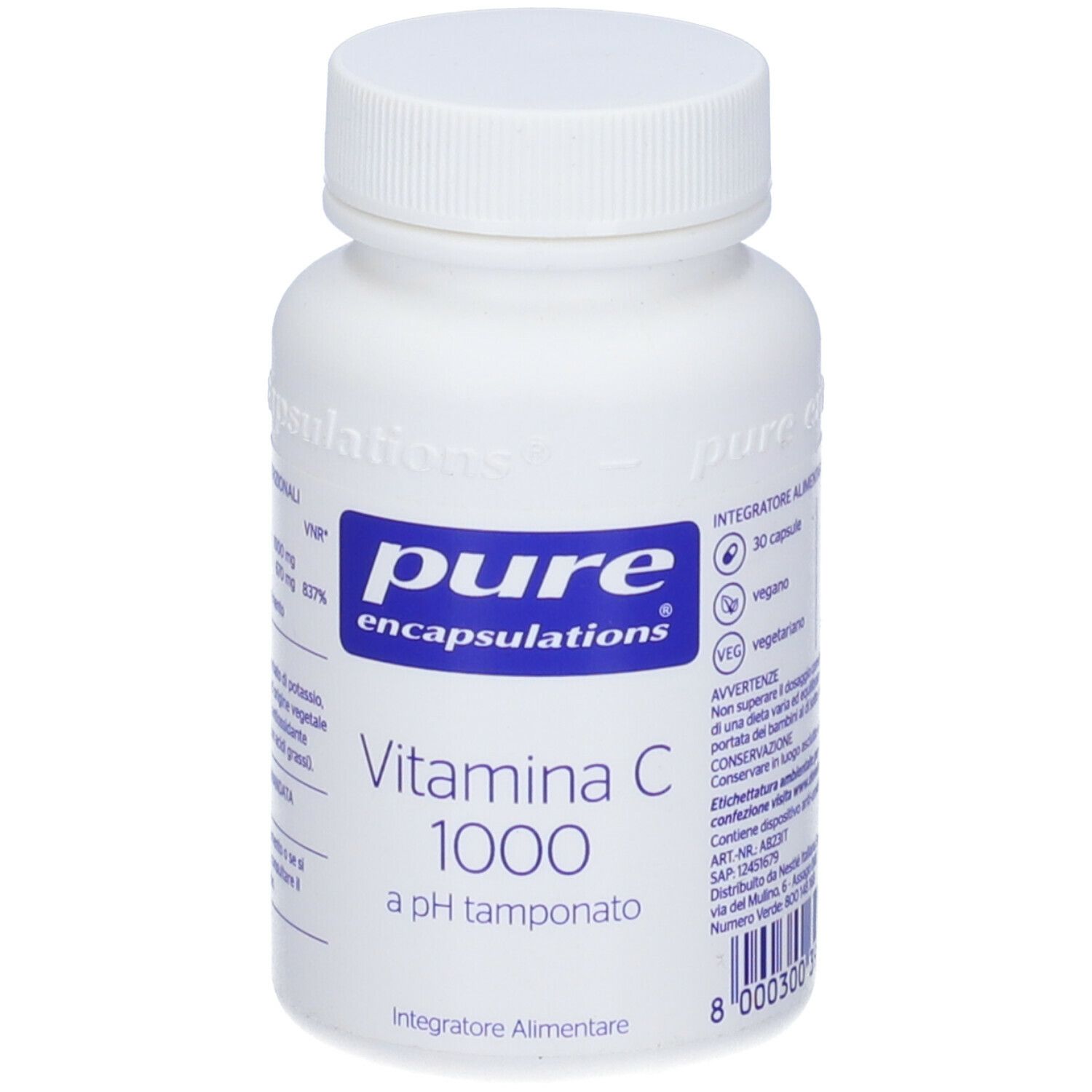 Weiße Flasche mit Schraubverschluss. Aufkleber mit blauem Logo und Text: Pure Encapsulations, Vitamina C 1000, pH tamponato. 30 Kapseln.