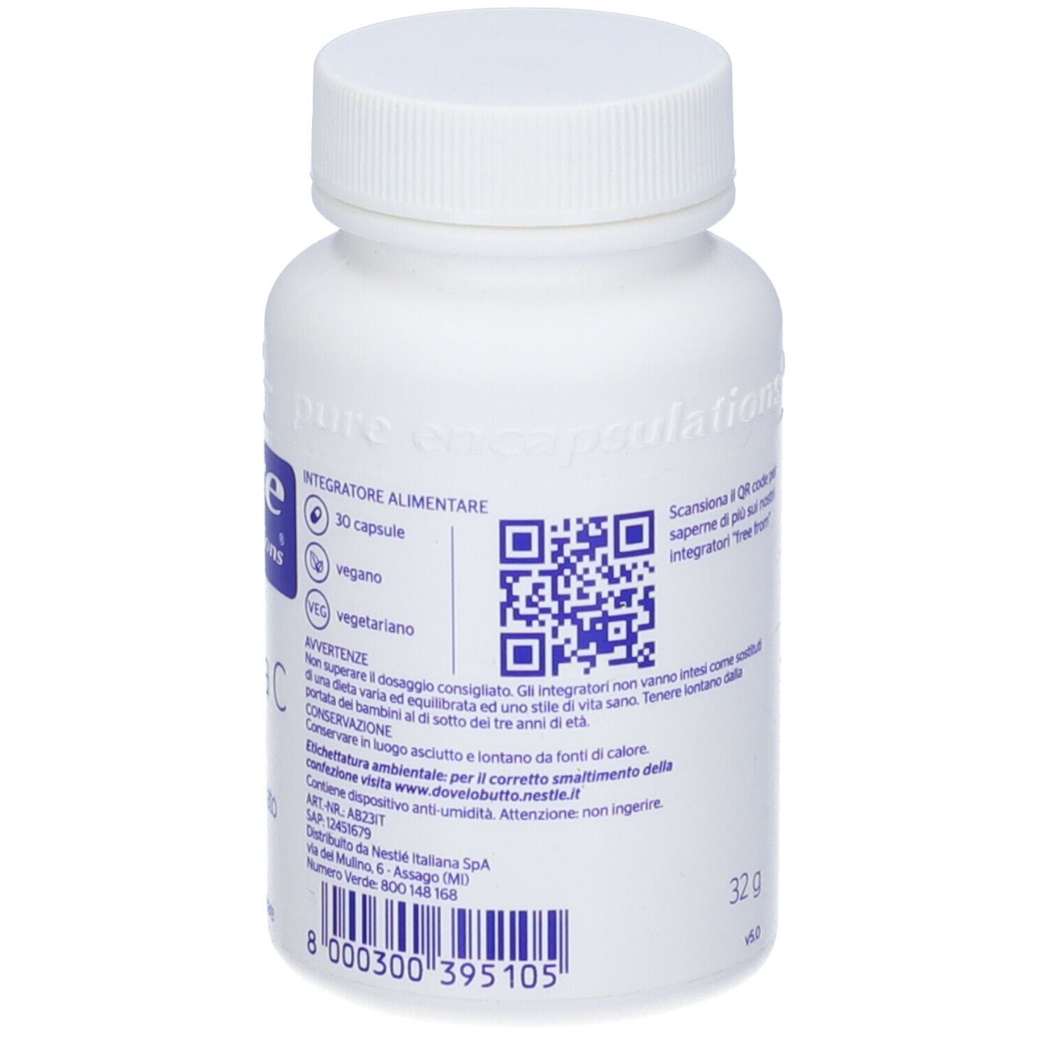Rückseite einer weißen Flasche mit Schraubverschluss. Text: 30 Kapseln, QR-Code, vegan, vegetarisch, 32 g.