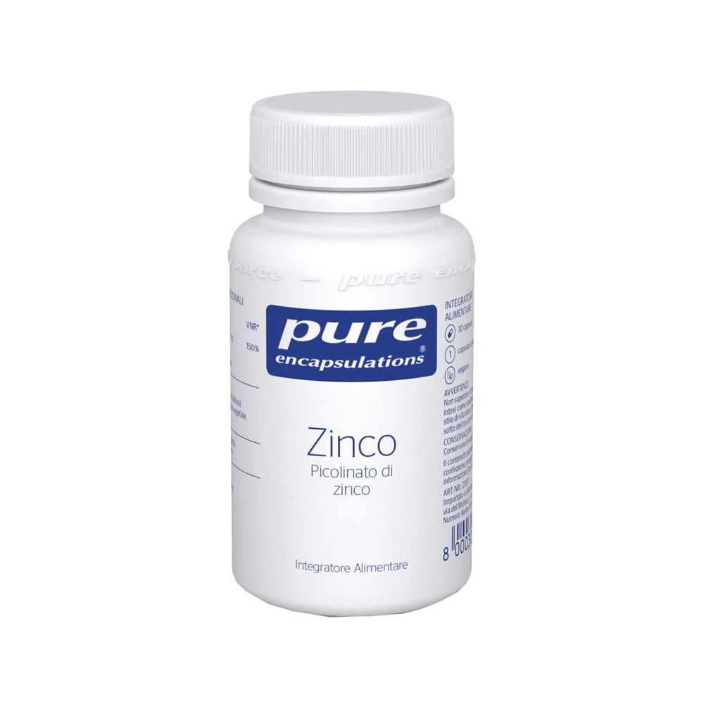 Flacone bianco con etichetta blu. Scritta: pure encapsulations, ZINCO, Picolinato di zinco.