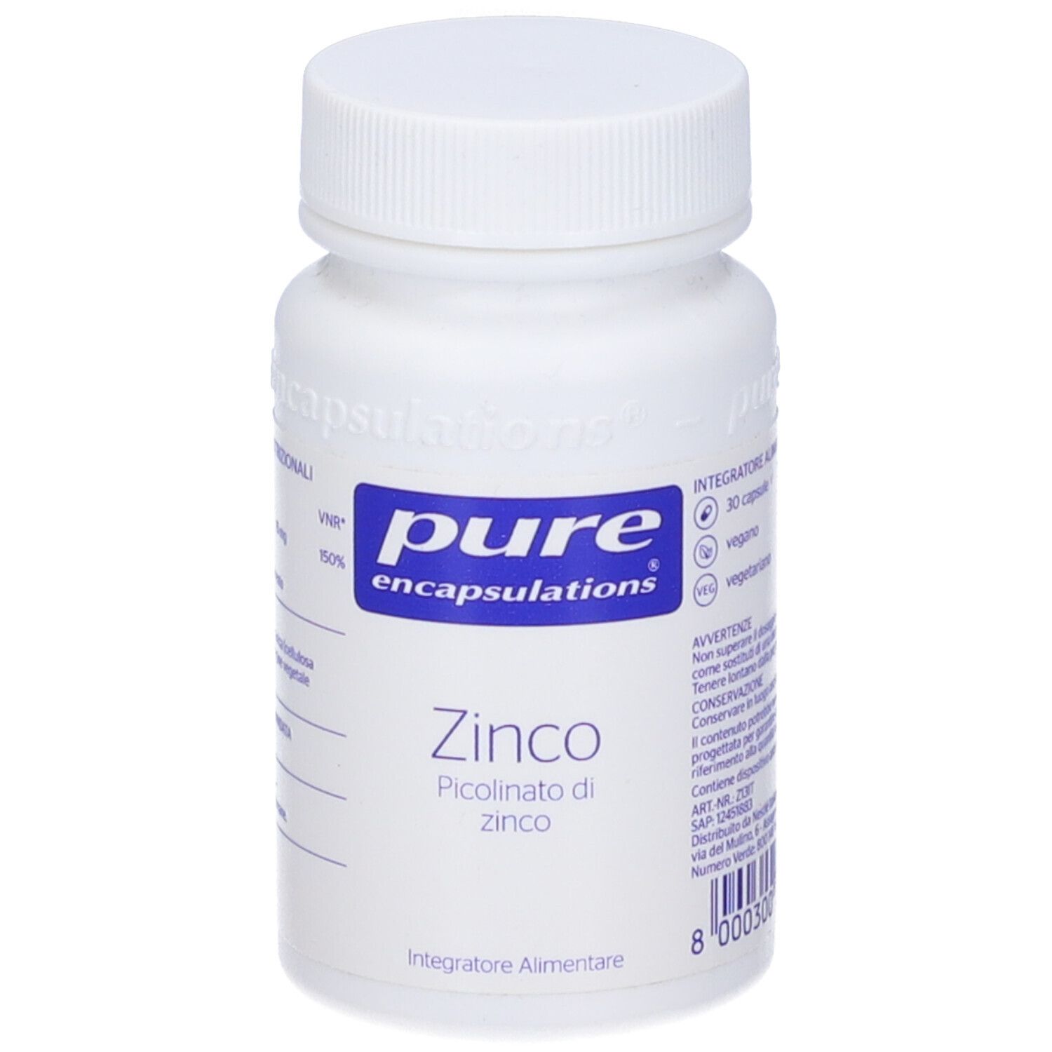 Flacone bianco con etichetta blu. Scritta: pure encapsulations, ZINCO, Picolinato di zinco. 30 capsule.