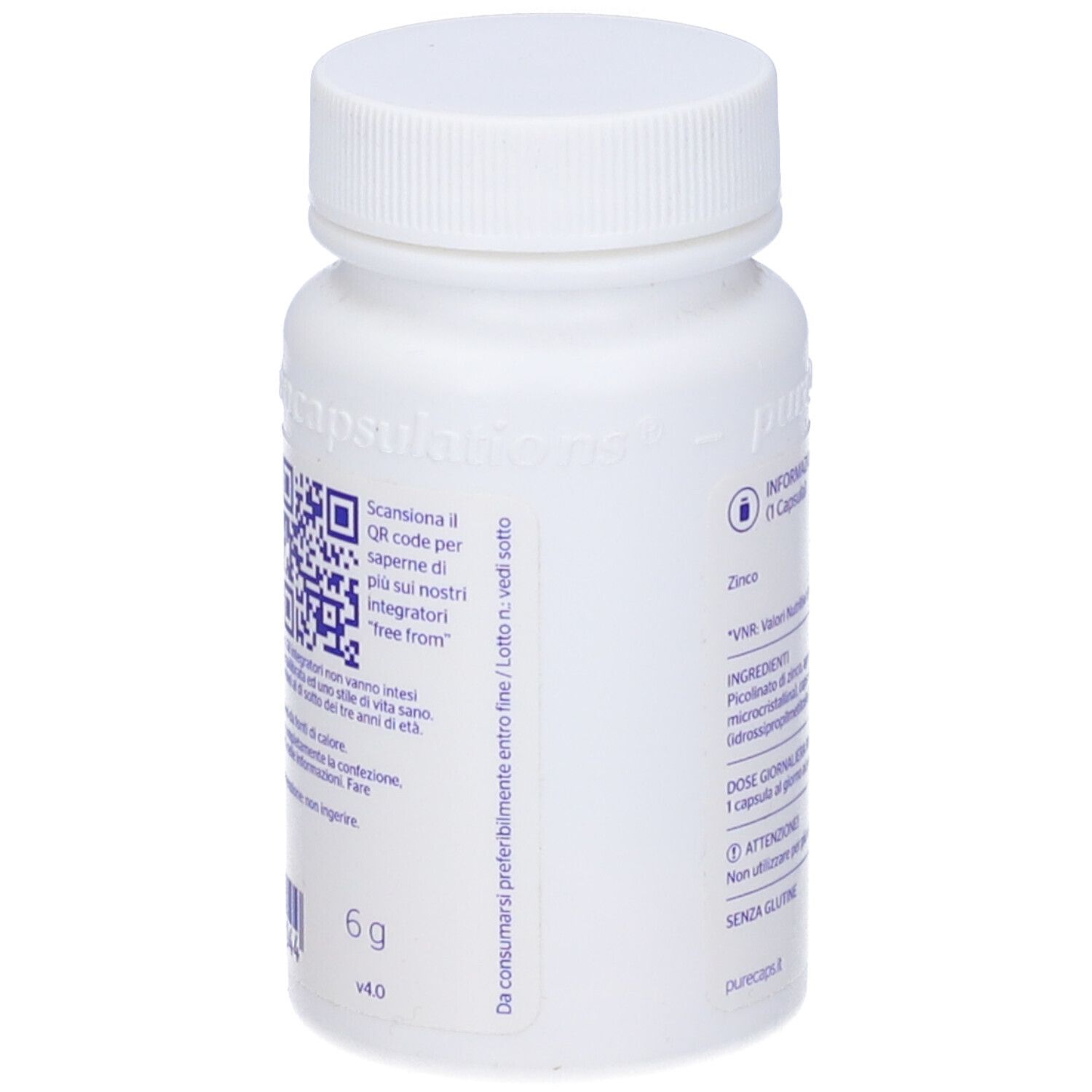 Retro del flacone bianco. Codice QR, informazioni sugli ingredienti, peso 6g. Senza glutine.