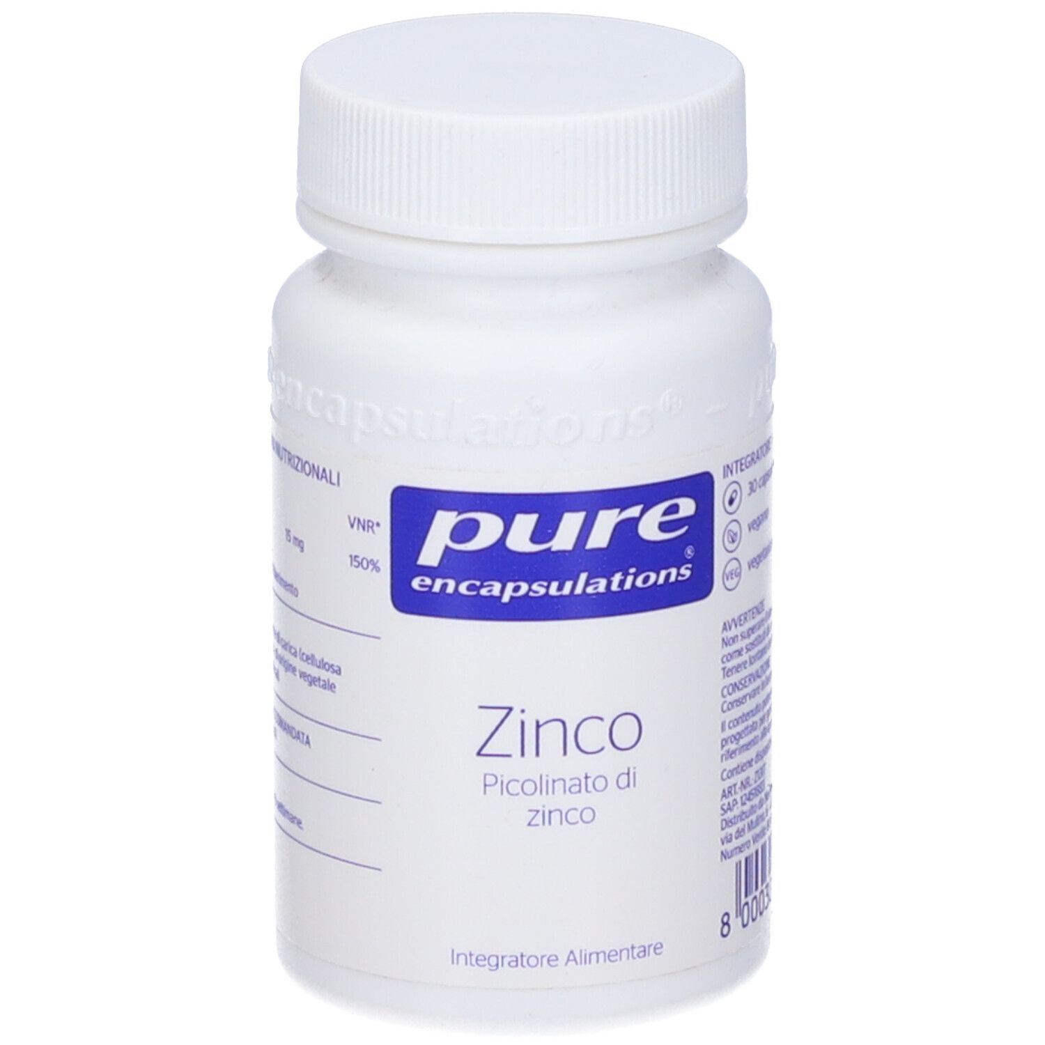 Flacone bianco con etichetta blu. Scritta: pure encapsulations, ZINCO, Picolinato di zinco. 30 capsule.