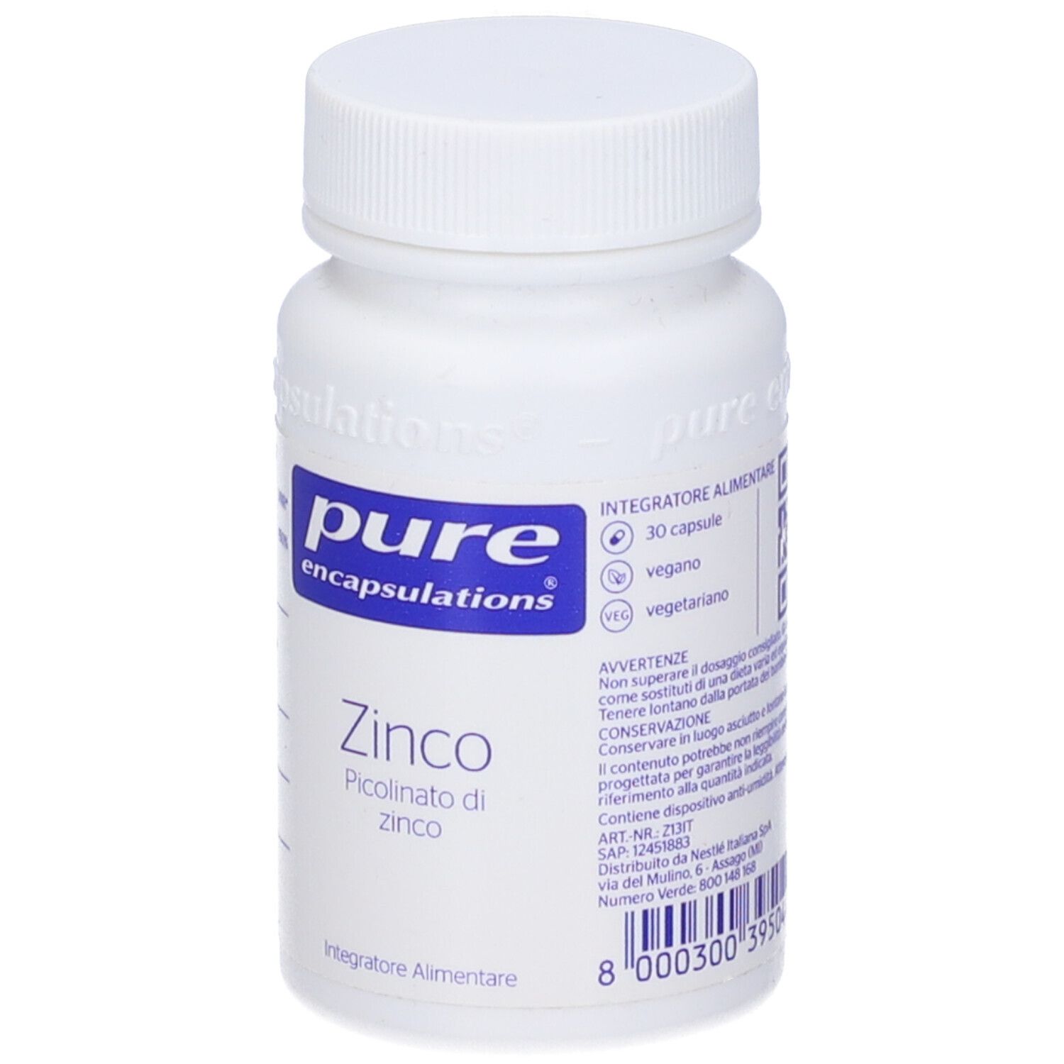 Flacone bianco con etichetta blu. Scritta: pure encapsulations, ZINCO, Picolinato di zinco. 30 capsule.