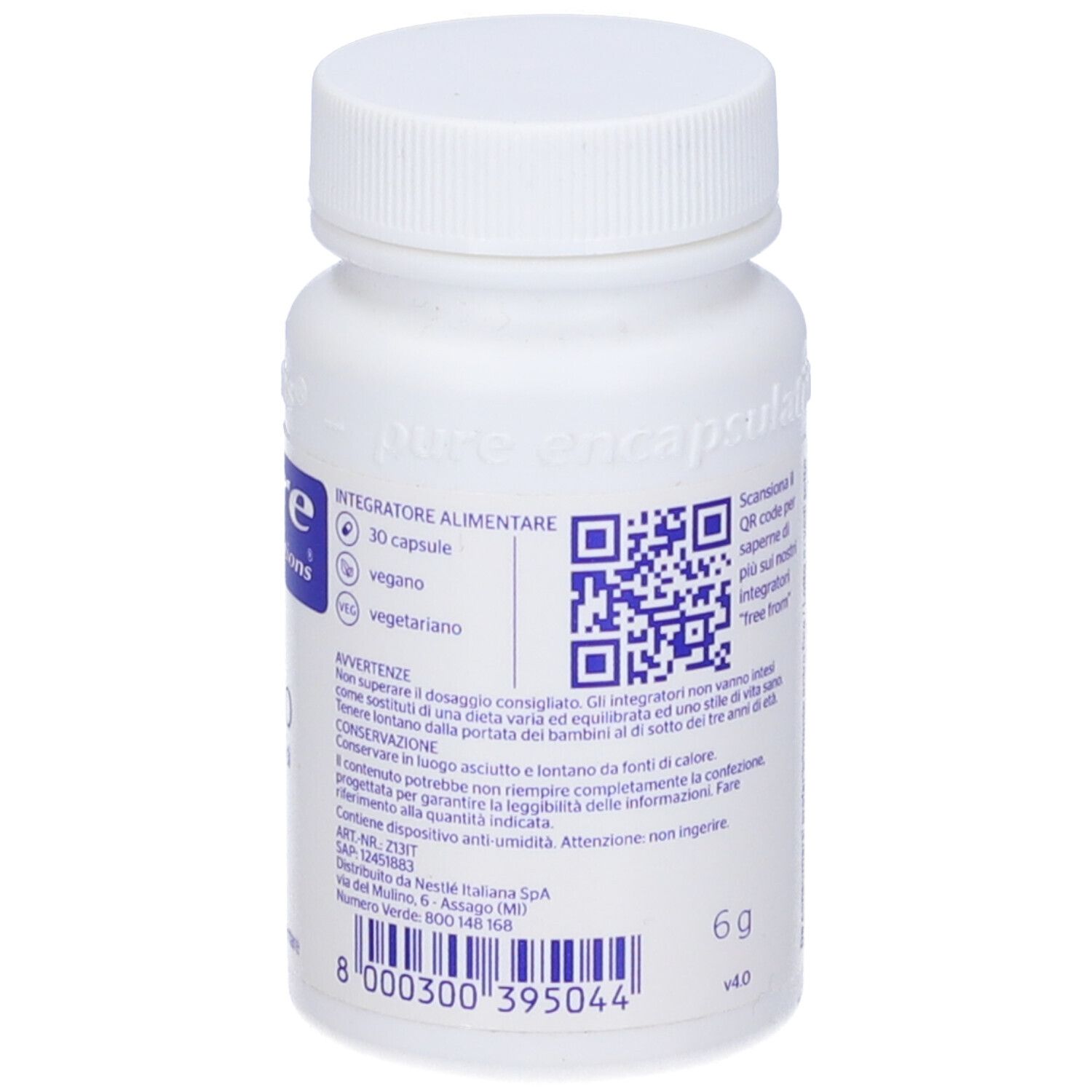 Retro del flacone bianco. 30 capsule, vegano, vegetariano. Codice QR, peso 6g. Senza glutine.