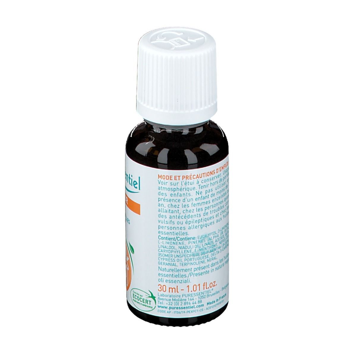 Flacon en verre brun avec bouchon blanc. Étiquette: Puresentiel, Air Pur, huiles essentielles pour diffusion. 30ml. Avertissements.