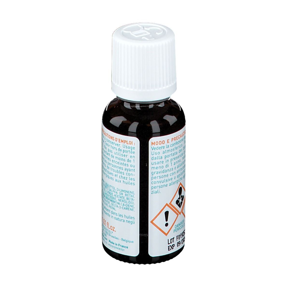 Flacon en verre brun avec bouchon blanc. Étiquette: Puresentiel, Air Pur, huiles essentielles pour diffusion. 30ml. Avertissements.