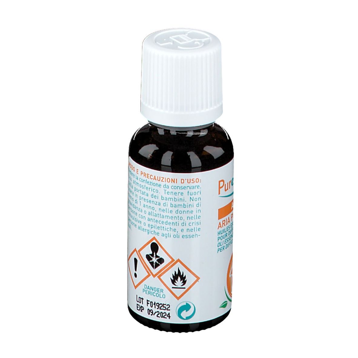 Flacon en verre brun avec bouchon blanc. Étiquette: Puresentiel, Air Pur, huiles essentielles pour diffusion. 30ml. Avertissements.