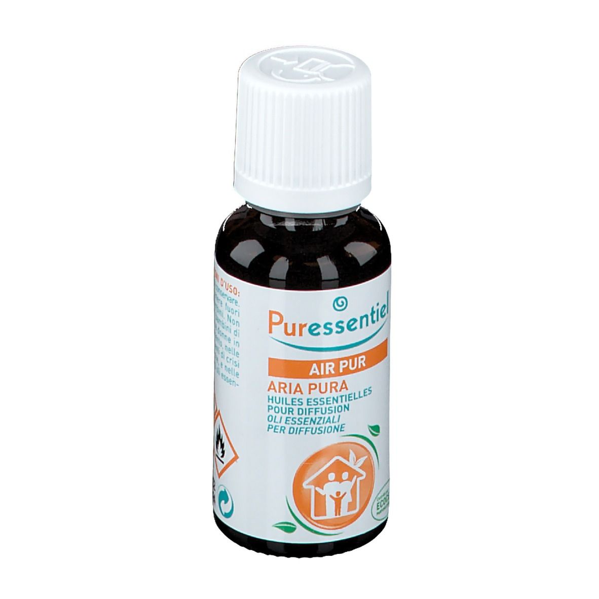 Flacon en verre brun avec bouchon blanc. Étiquette: Puresentiel, Air Pur, huiles essentielles pour diffusion. 30ml. Avertissements.