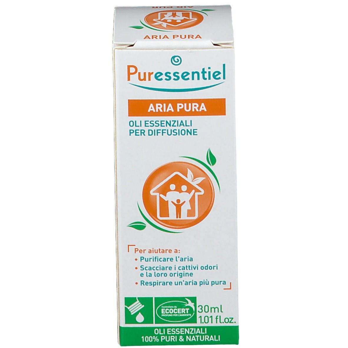 Boîte et flacon. Texte: Puresentiel, Aria Pura, huiles essentielles pour diffusion. Certification ECOCERT. 30ml.