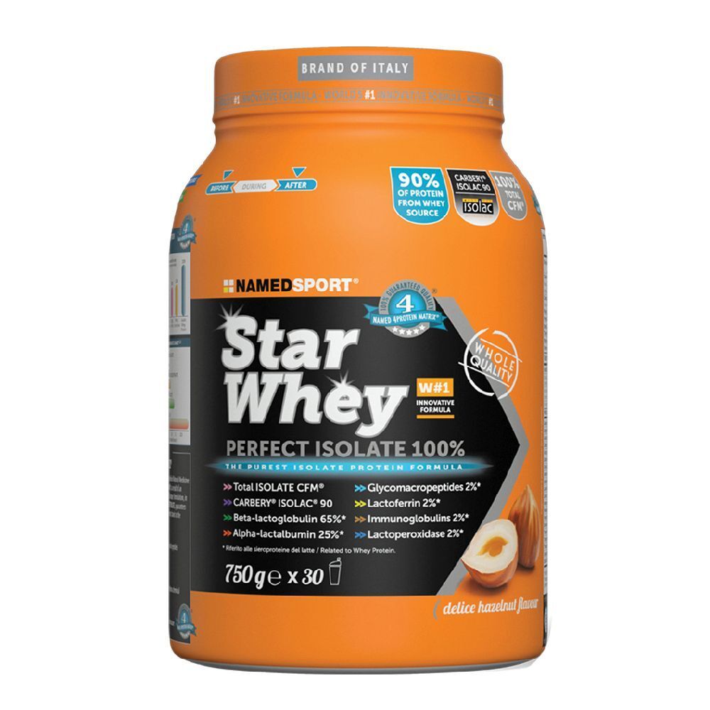 Boîte orange NAMEDSPORT® Star Whey, goût noisette. Texte: Perfect Isolate 100%. 750g x 30. Avec illustration de noisette.