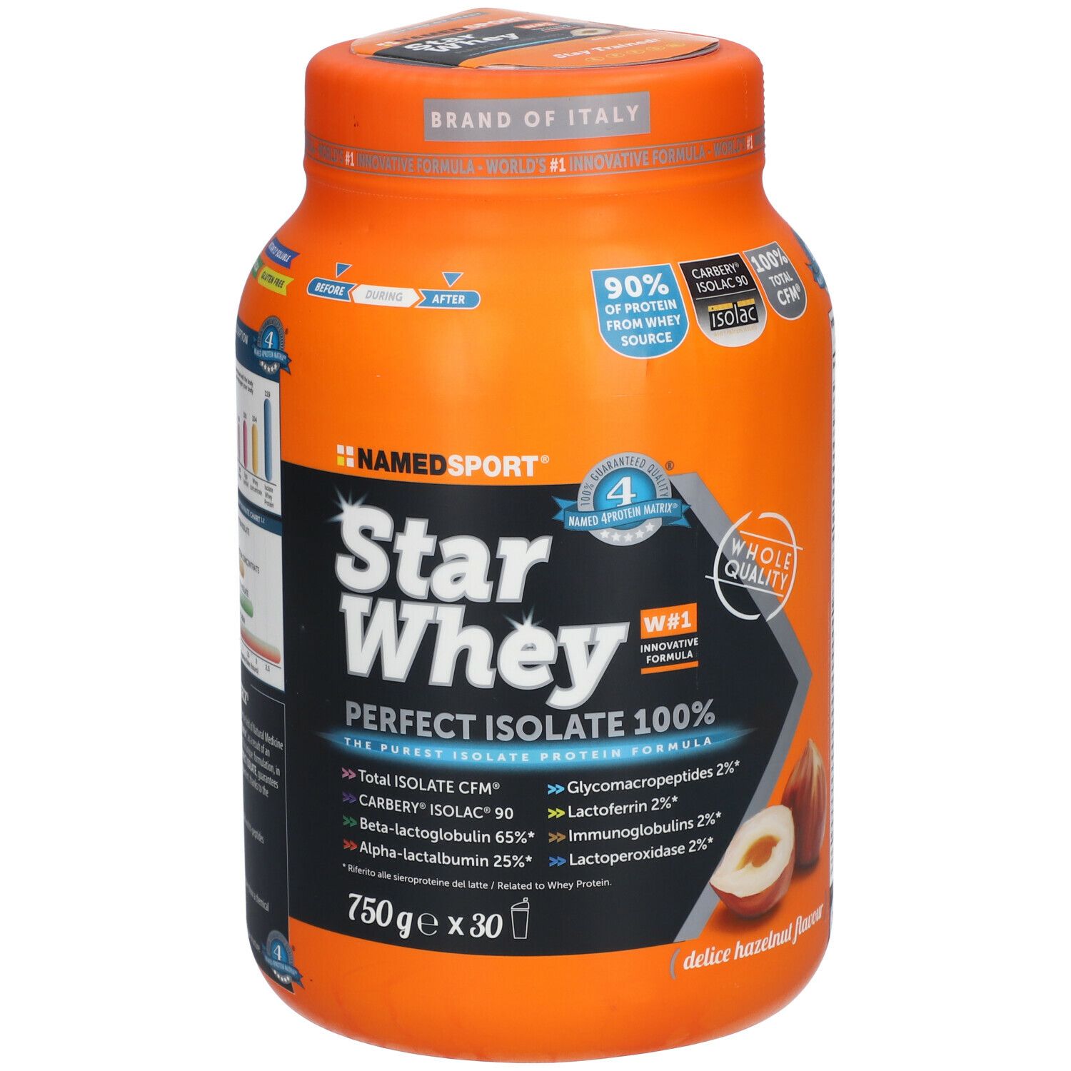 Boîte orange NAMEDSPORT® Star Whey, goût noisette. Texte: Perfect Isolate 100%. 750g x 30. Avec illustration de noisette.