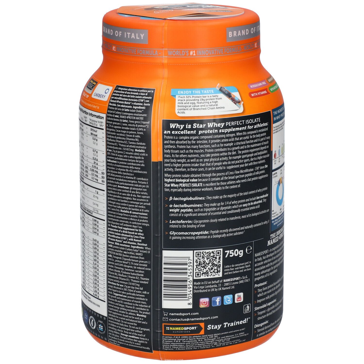 Dos de la boîte orange NAMEDSPORT® Star Whey. Texte et code QR. 750g. Informations sur l'utilisation et les ingrédients.
