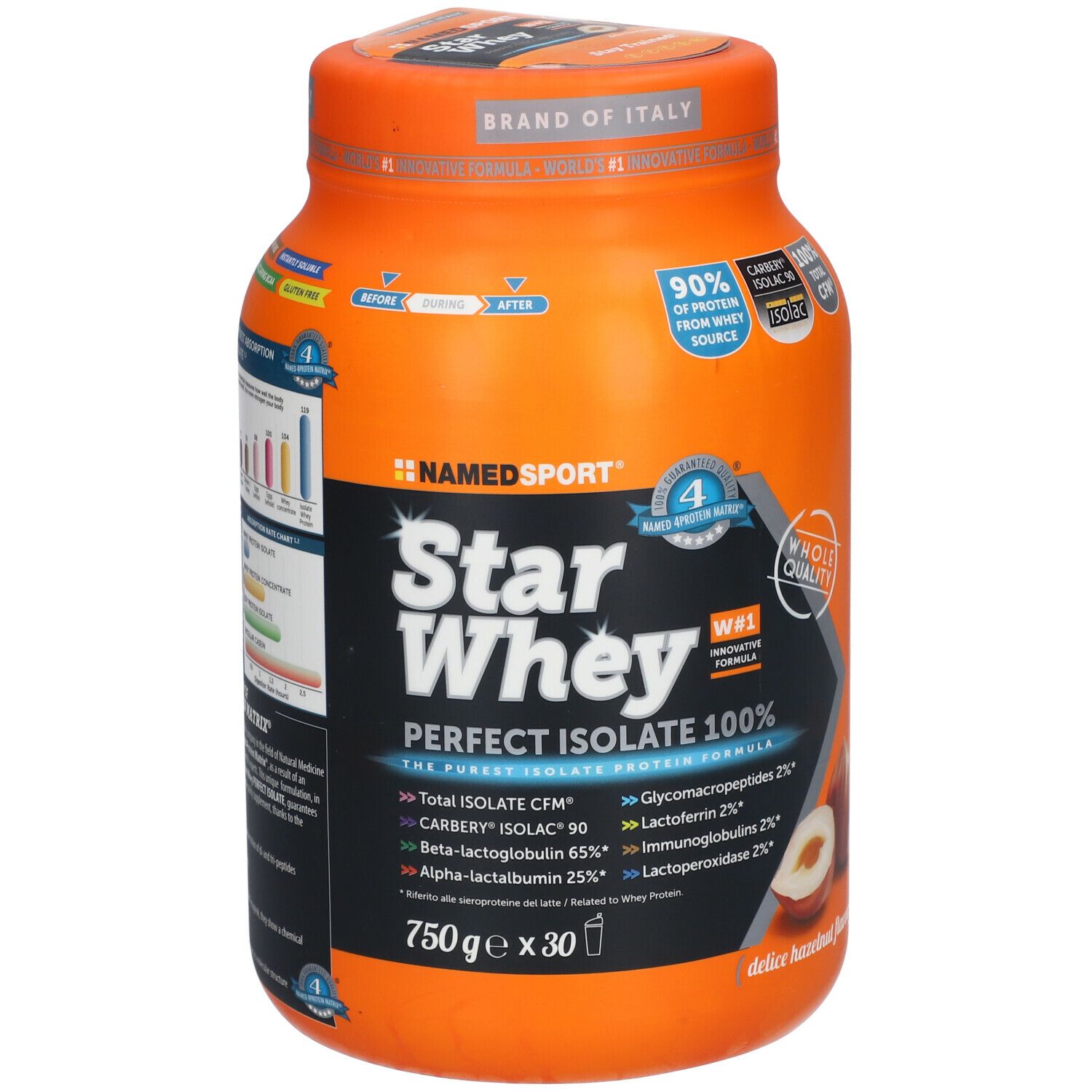 Boîte orange NAMEDSPORT® Star Whey, goût noisette. Texte: Perfect Isolate 100%. 750g x 30. Avec illustration de noisette.