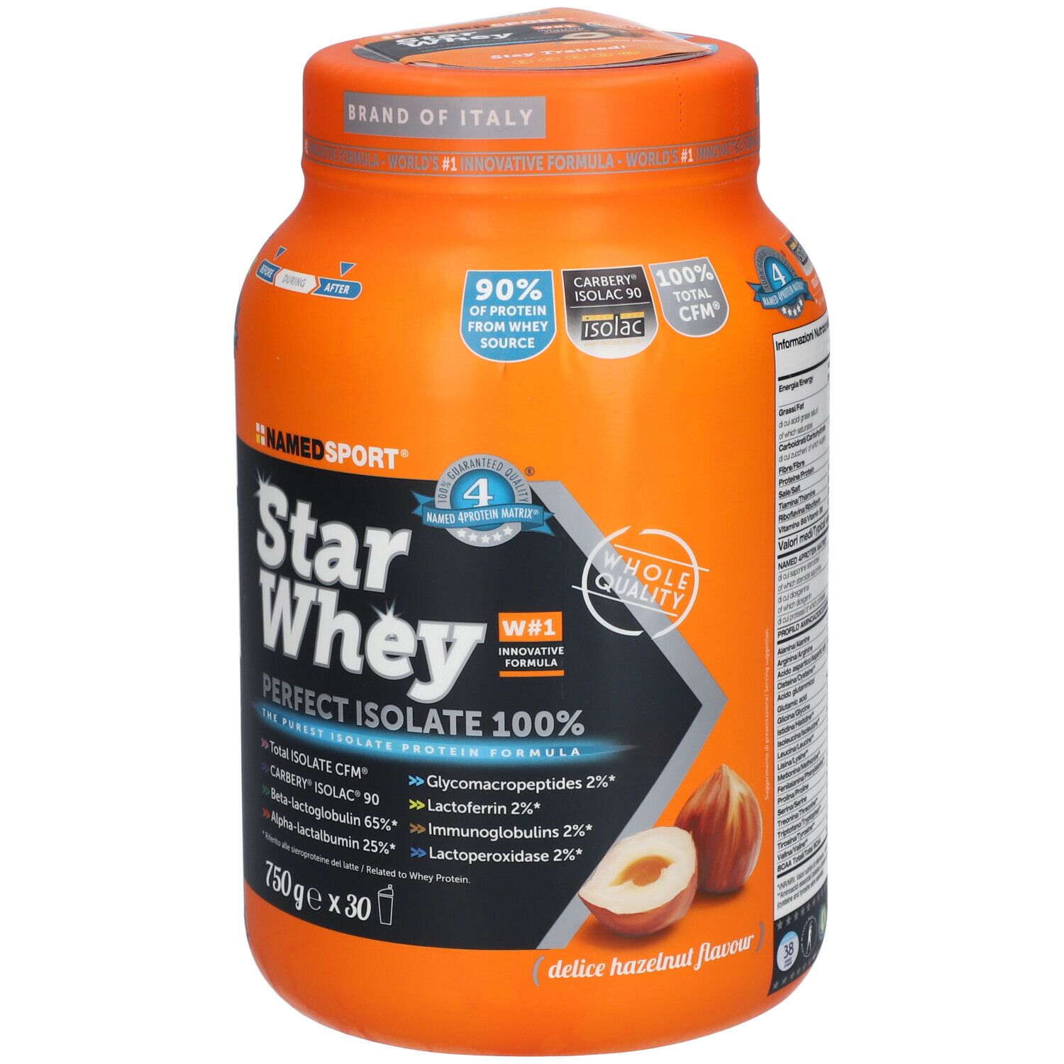 Boîte orange NAMEDSPORT® Star Whey, goût noisette. Texte: Perfect Isolate 100%. 750g x 30. Avec illustration de noisette.