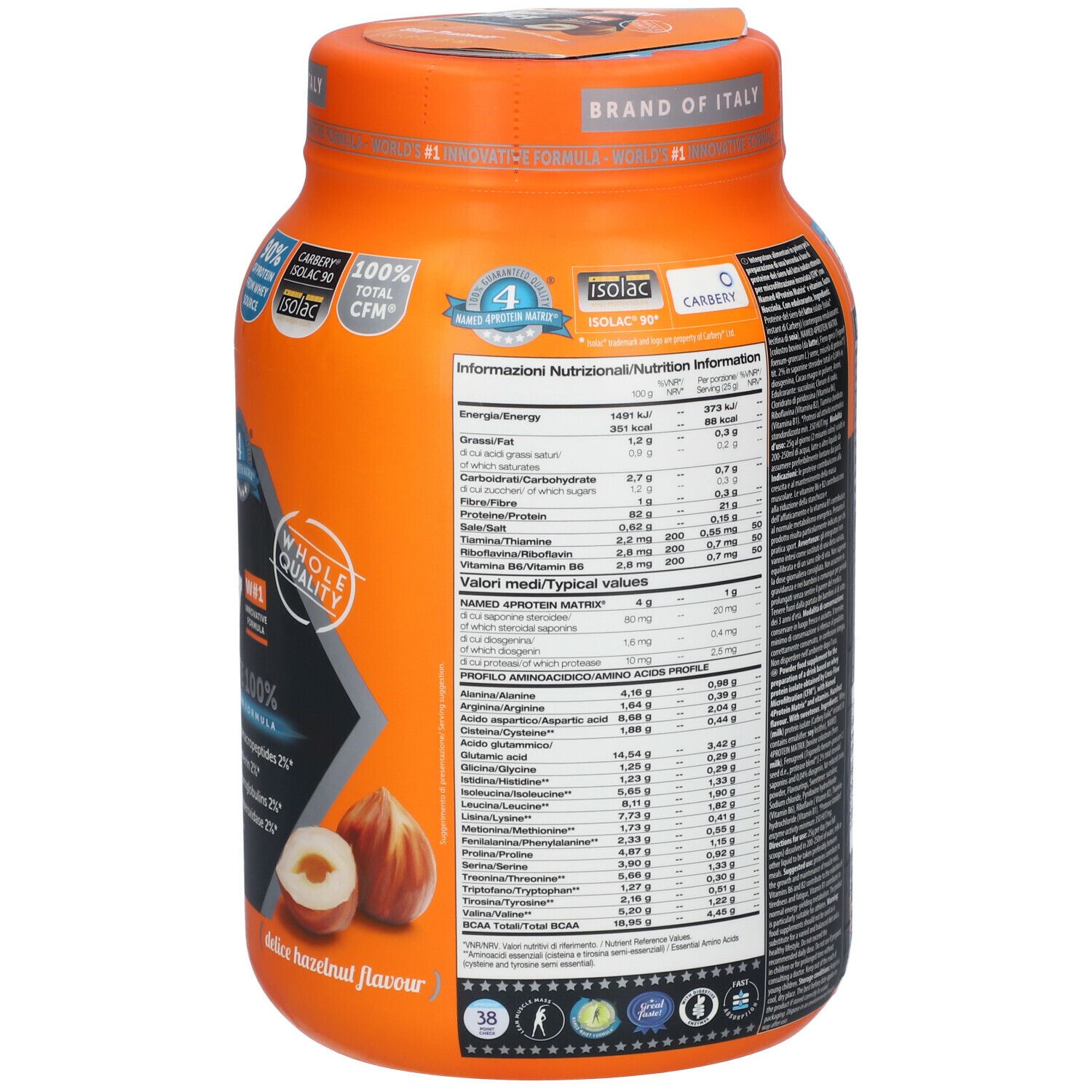 Dos de la boîte orange NAMEDSPORT® Star Whey. Texte et informations nutritionnelles. Avec illustration de noisette.