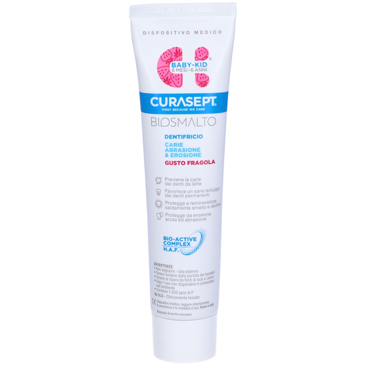 Zahncreme-Tube. Weiße Tube mit blauem Deckel. Enthält Produktnamen und Informationen zu Karies, Abrieb und Erosion.
