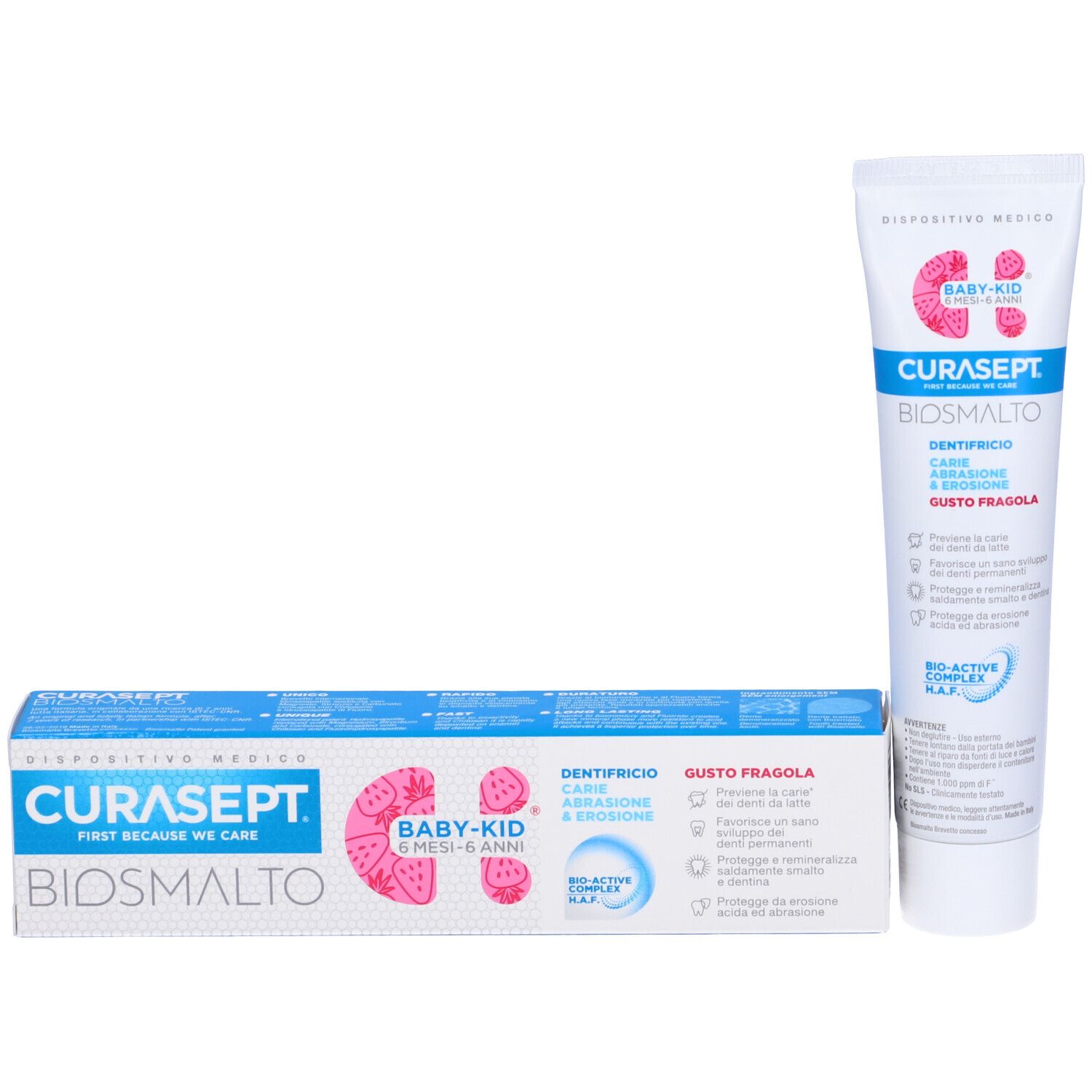 Zahncreme-Tube und -Schachtel. Weiße Tube und blaue Schachtel. Enthält Produktnamen und Informationen zu Karies, Abrieb und Erosion.