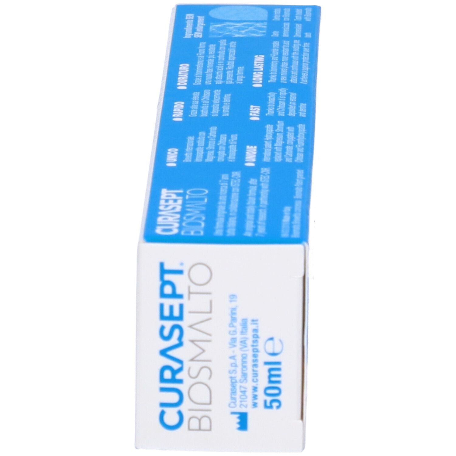 Zahncreme-Schachtel. Blaue und weiße Verpackung. Enthält Produktnamen, Informationen und 50ml Volumenangabe.