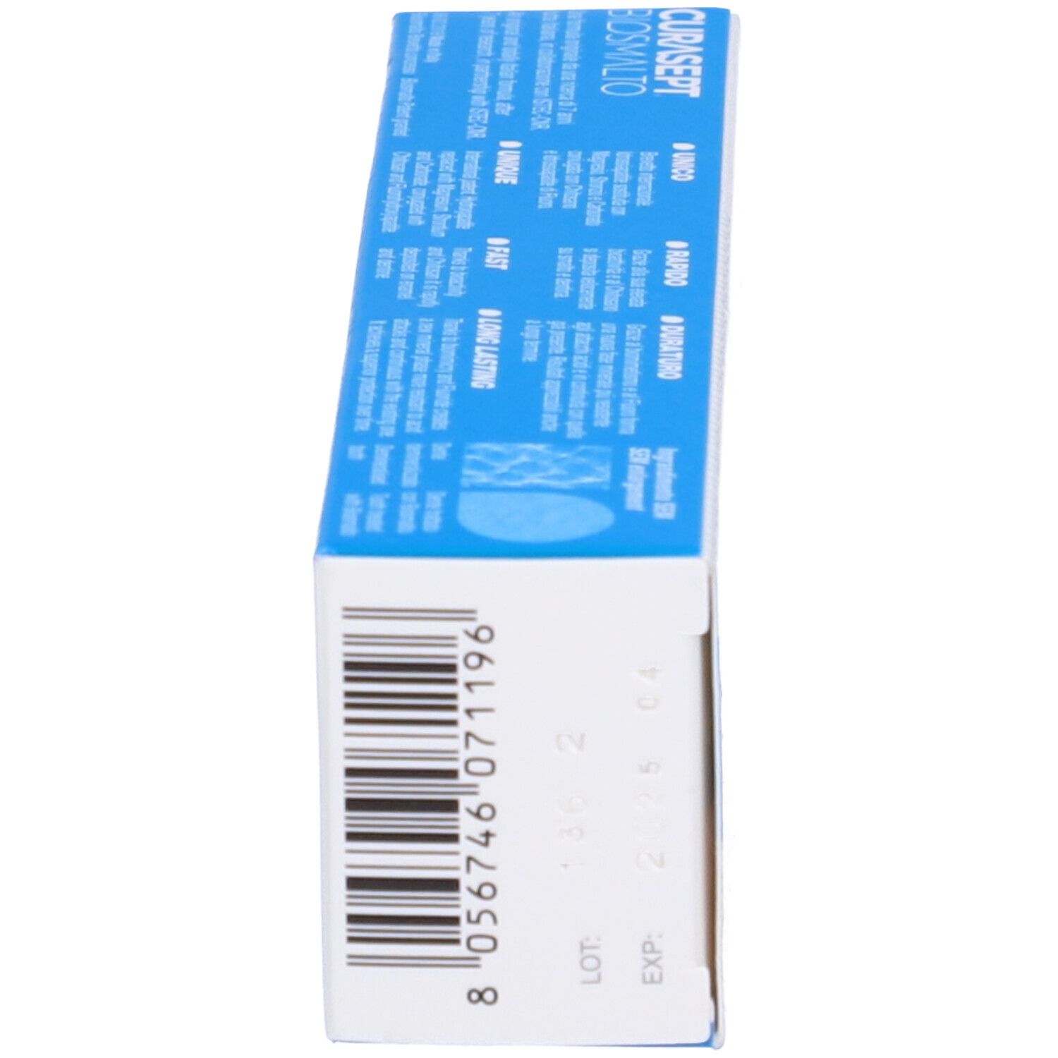 Zahncreme-Schachtel. Blaue und weiße Verpackung. Enthält Produktnamen, Informationen und einen Barcode.
