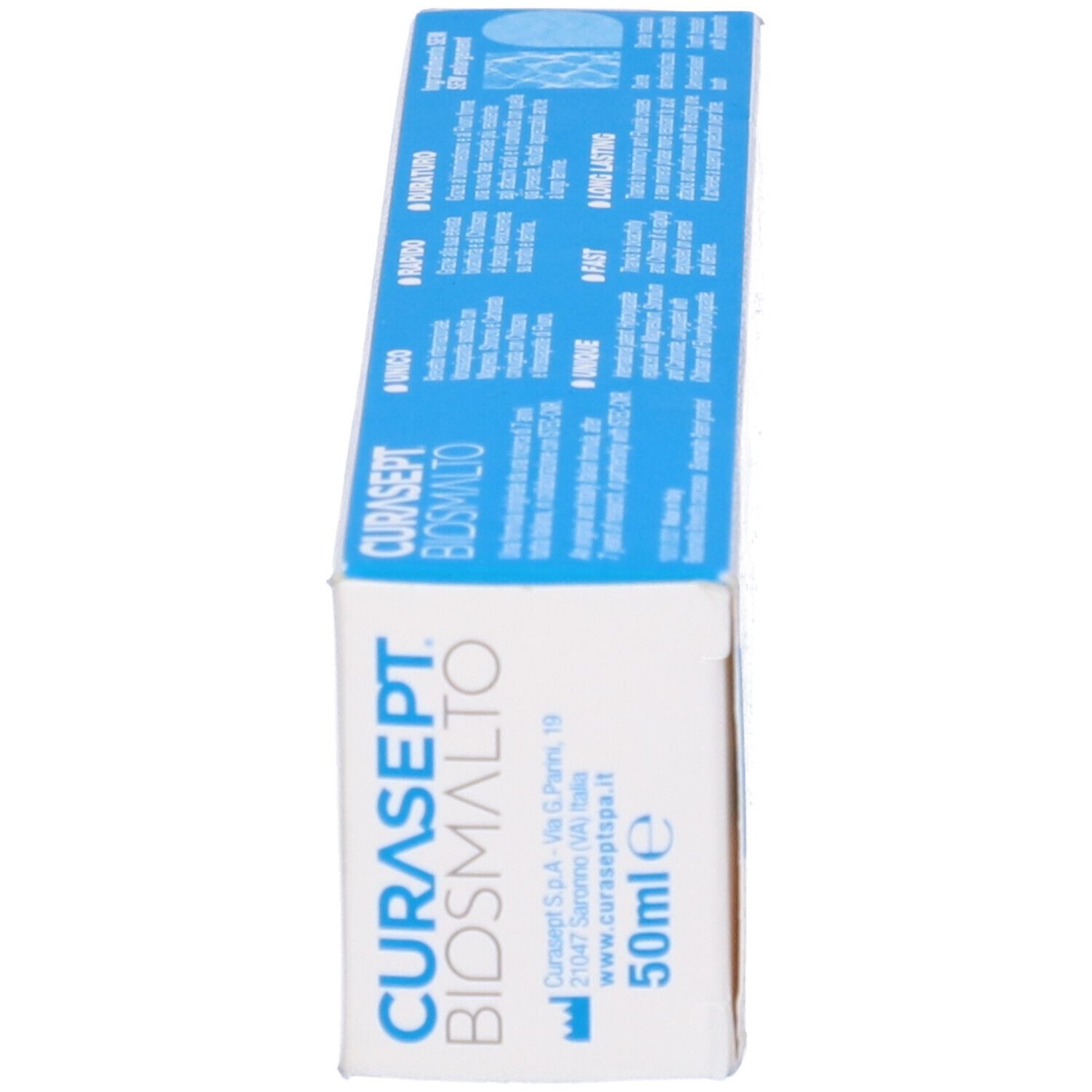 Zahncreme-Schachtel. CURASEPT BIOSMALTO. Medizinprodukt. Blaue und weiße Verpackung. 50ml.