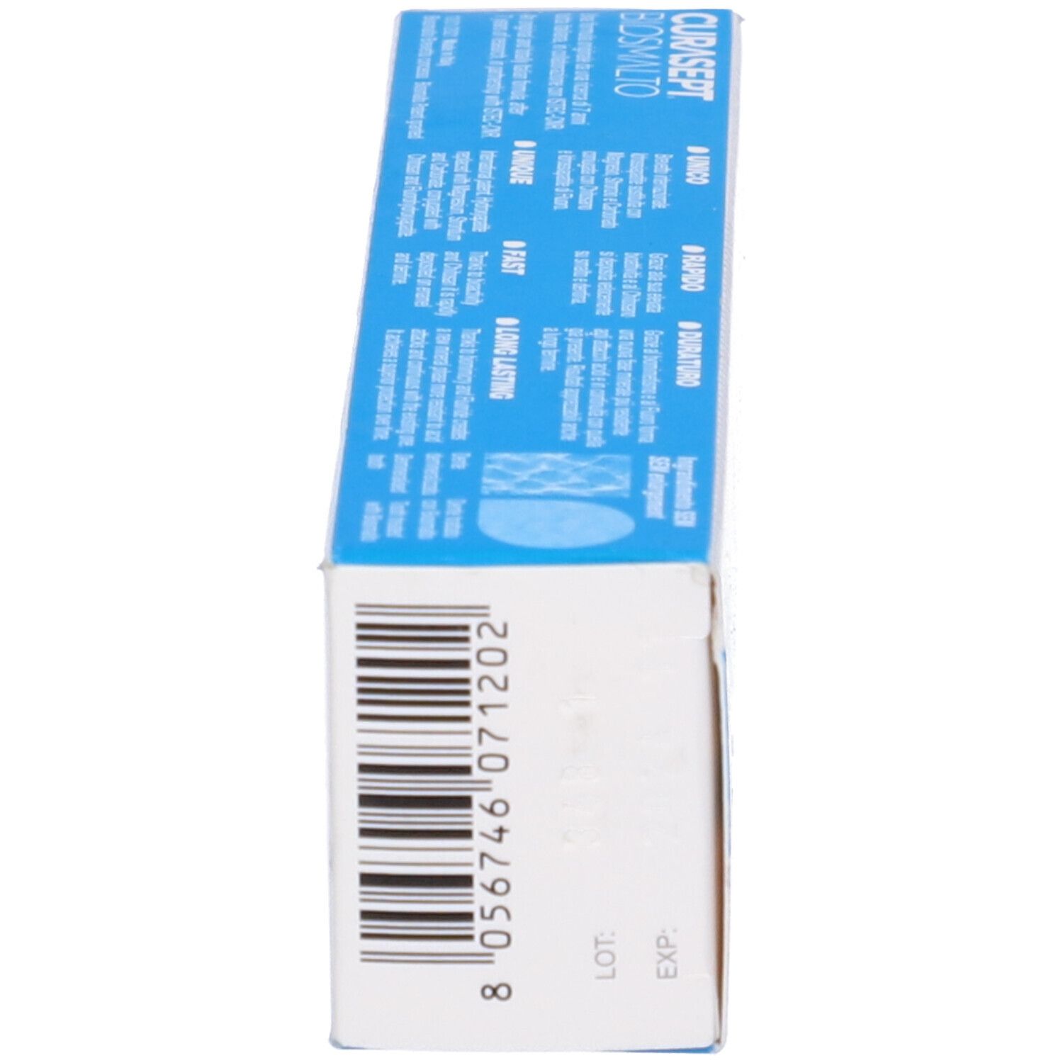 Zahncreme-Schachtel. CURASEPT BIOSMALTO. Medizinprodukt. Blaue und weiße Verpackung. Barcode.
