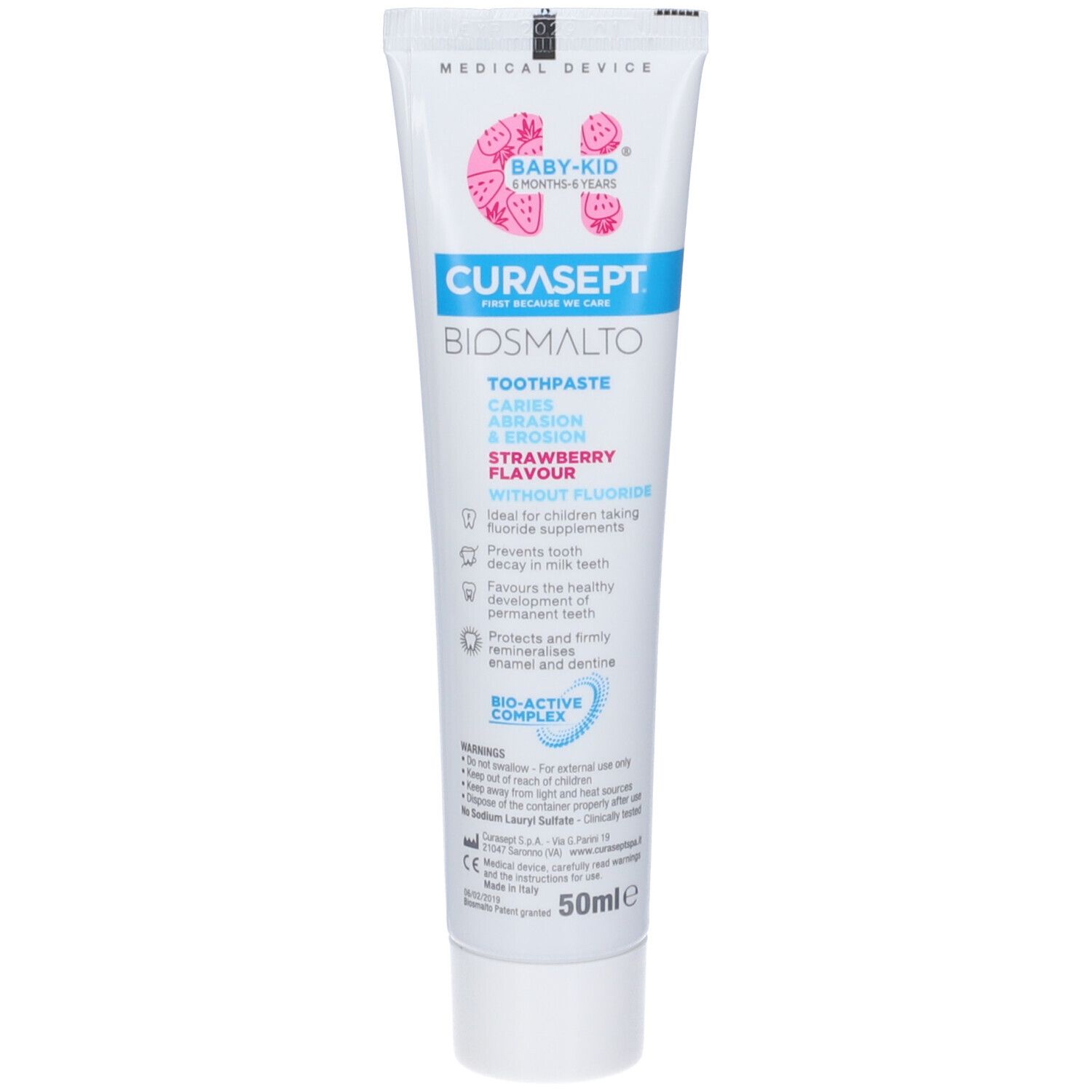 Curasept Biosmalto Baby Kid Zahnpasta, Erdbeergeschmack, ohne Fluorid, 50ml Tube.