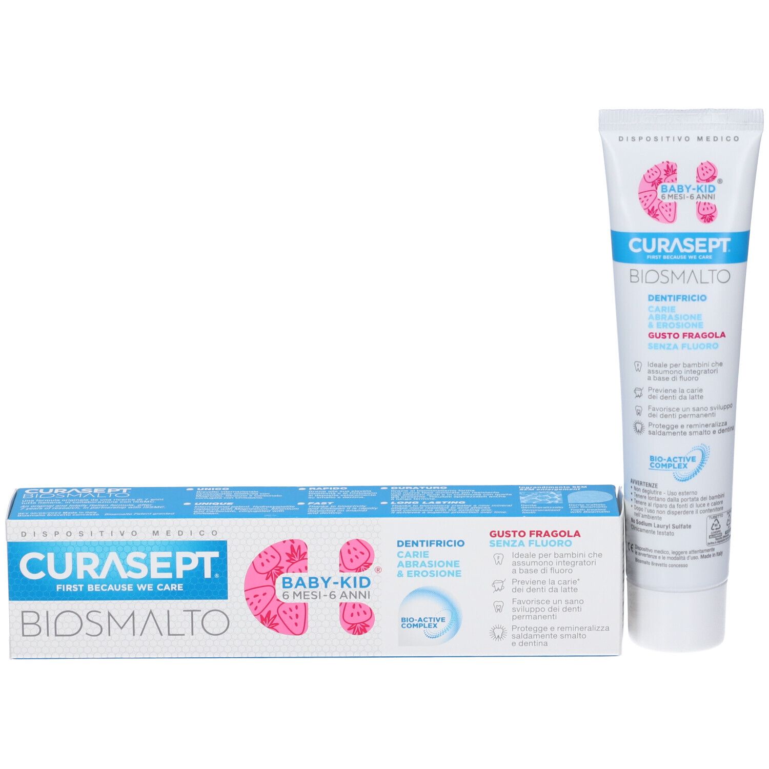 Curasept Biosmalto Baby Kid Zahnpasta und Kartonverpackung, Erdbeergeschmack, ohne Fluorid.