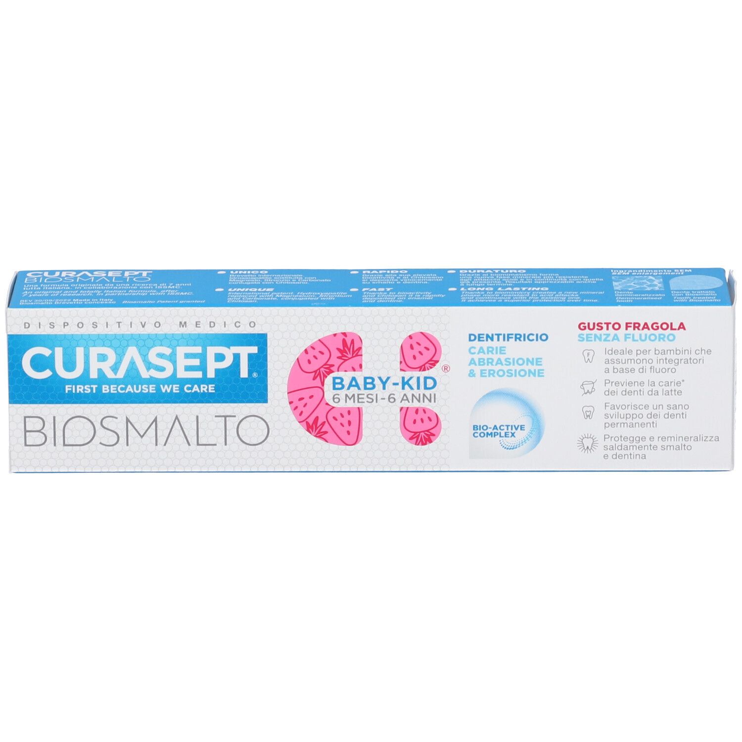 Kartonverpackung Curasept Biosmalto Baby Kid Zahnpasta, Erdbeergeschmack, ohne Fluorid.