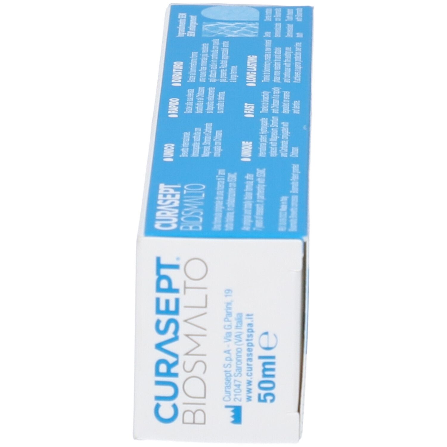 Seitenansicht der Kartonverpackung Curasept Biosmalto Baby Kid Zahnpasta, 50ml.