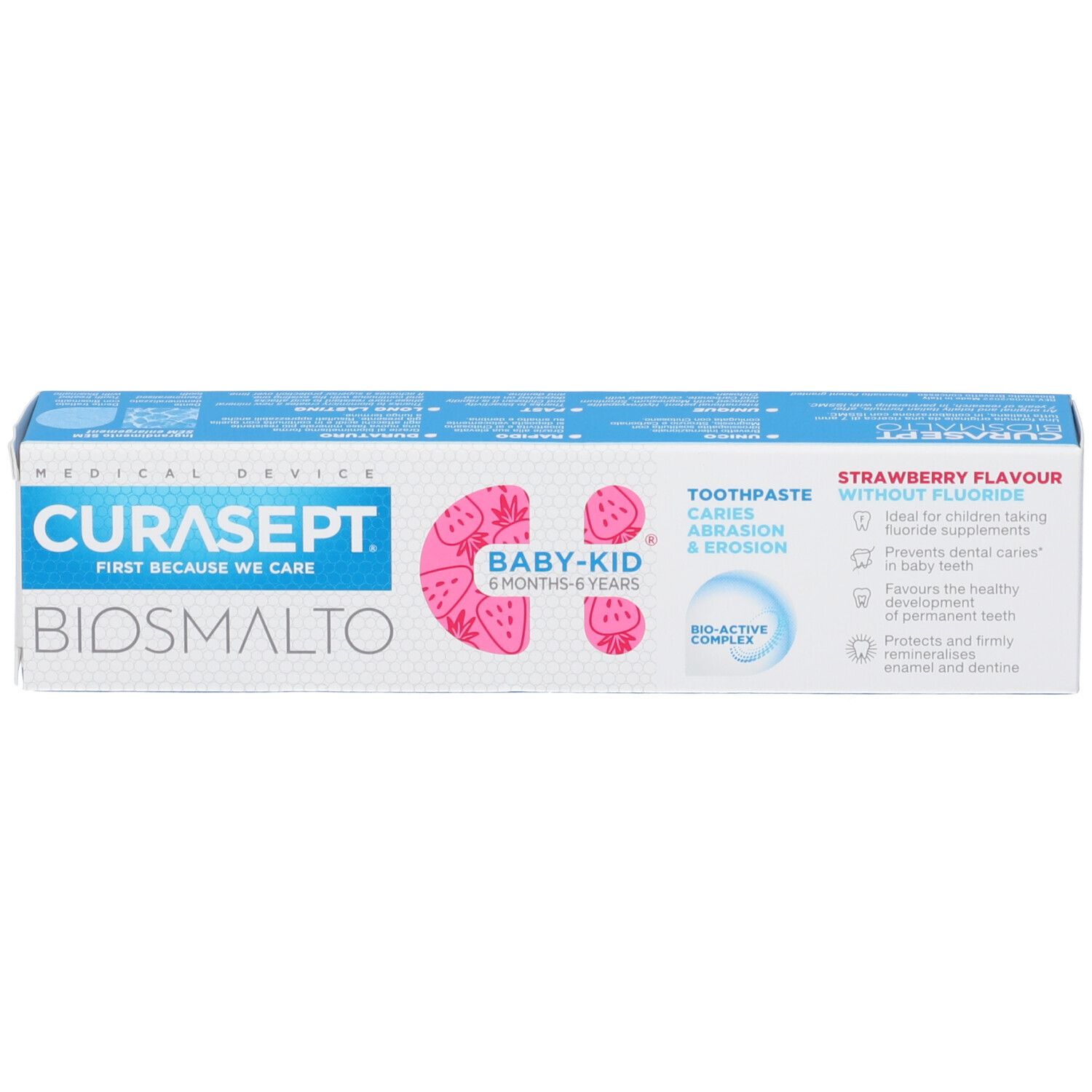 Seitenansicht der Kartonverpackung Curasept Biosmalto Baby Kid Zahnpasta, 50ml.