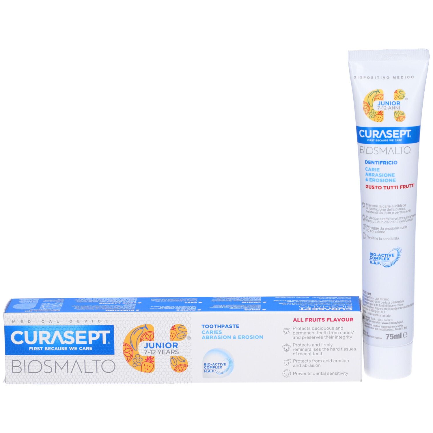 Curasept Biosmalto Junior Zahnpasta, 7-12 Jahre, Tutti Frutti Geschmack, 75ml.