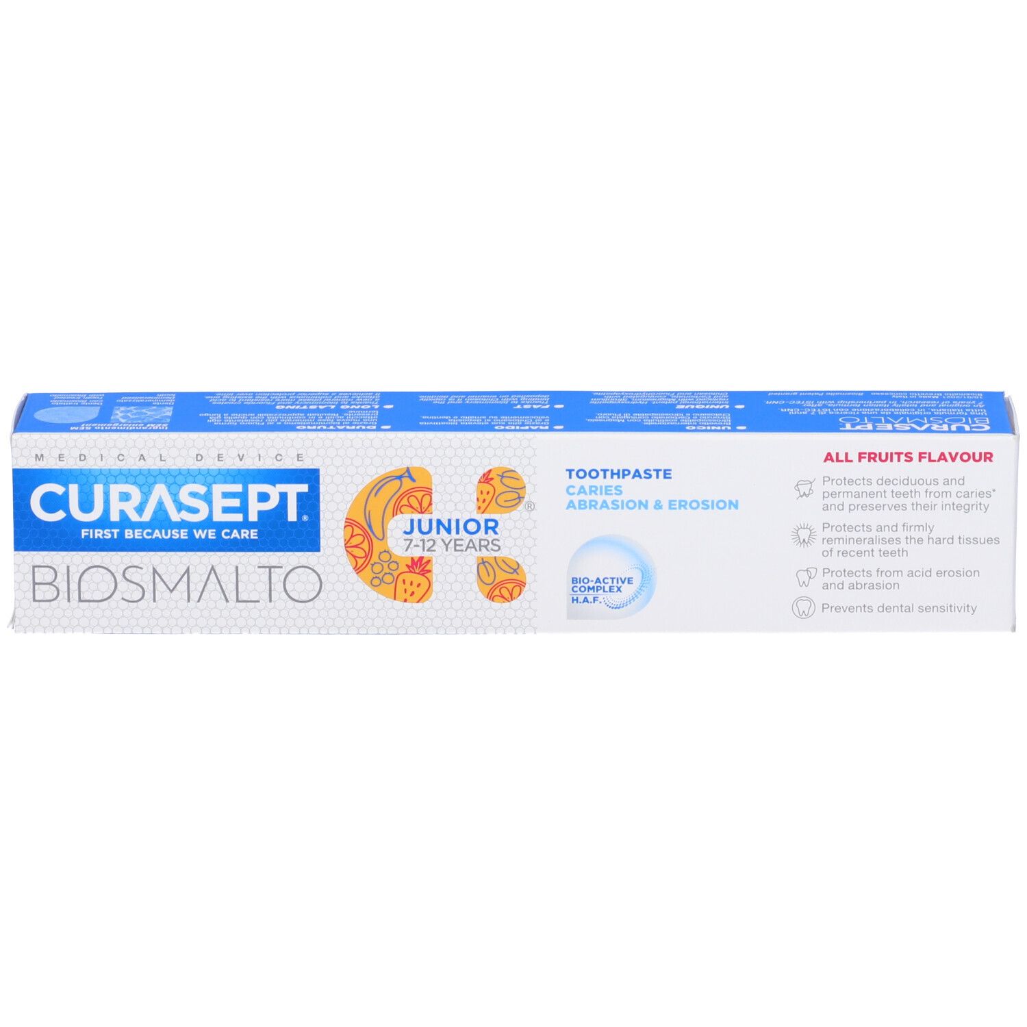 Curasept Biosmalto Junior Zahnpasta, 7-12 Jahre, Fruchtgeschmack. Kartonverpackung mit Produktinformationen.