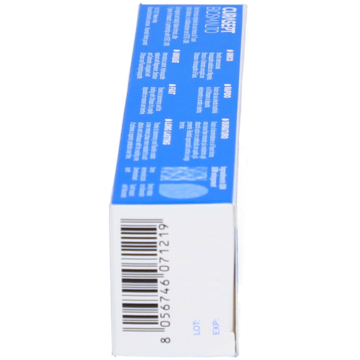 Weiße Schachtel mit blauen Aufdrucken und Barcode. Oben steht "CURASEPT".