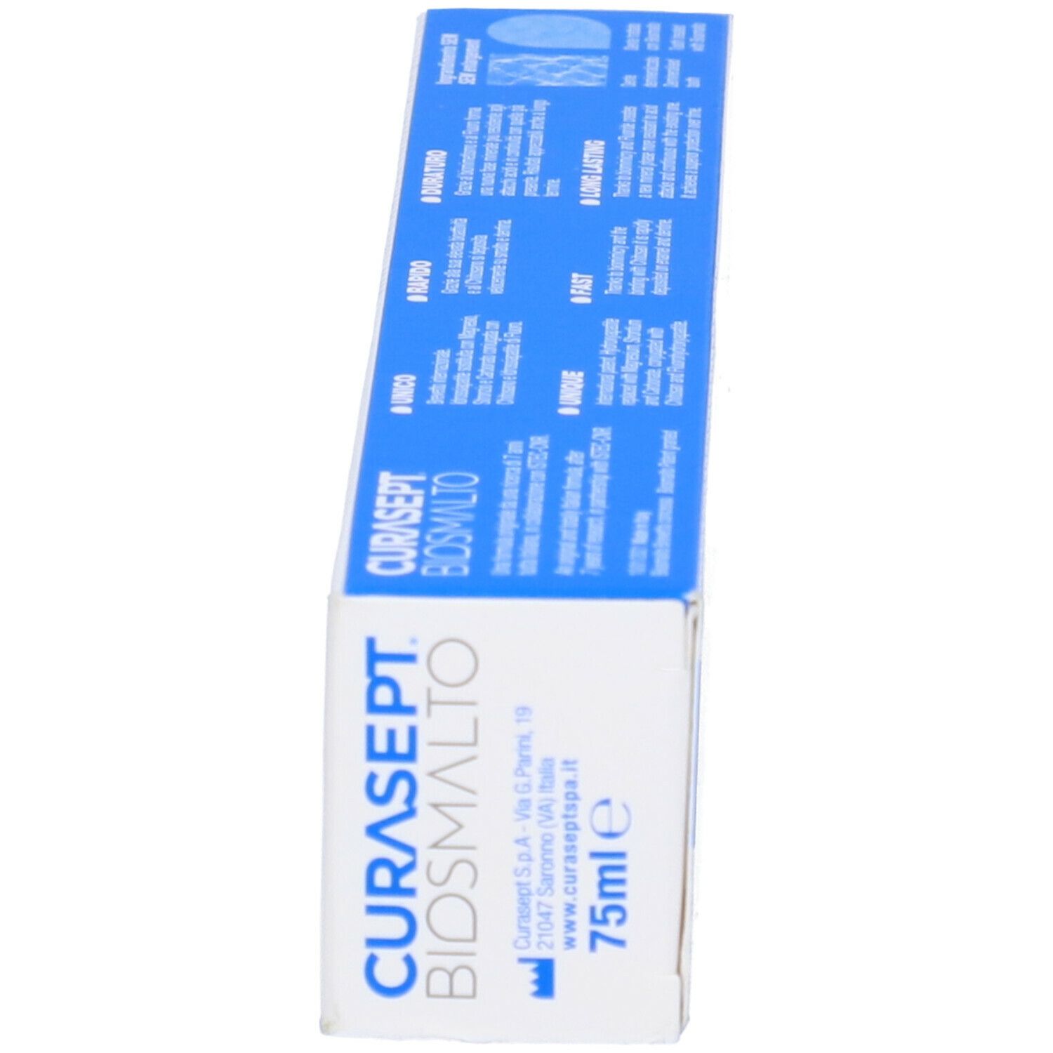 Packung Curasept Biosmalto, 75ml, mit blauen Texten und Symbolen.