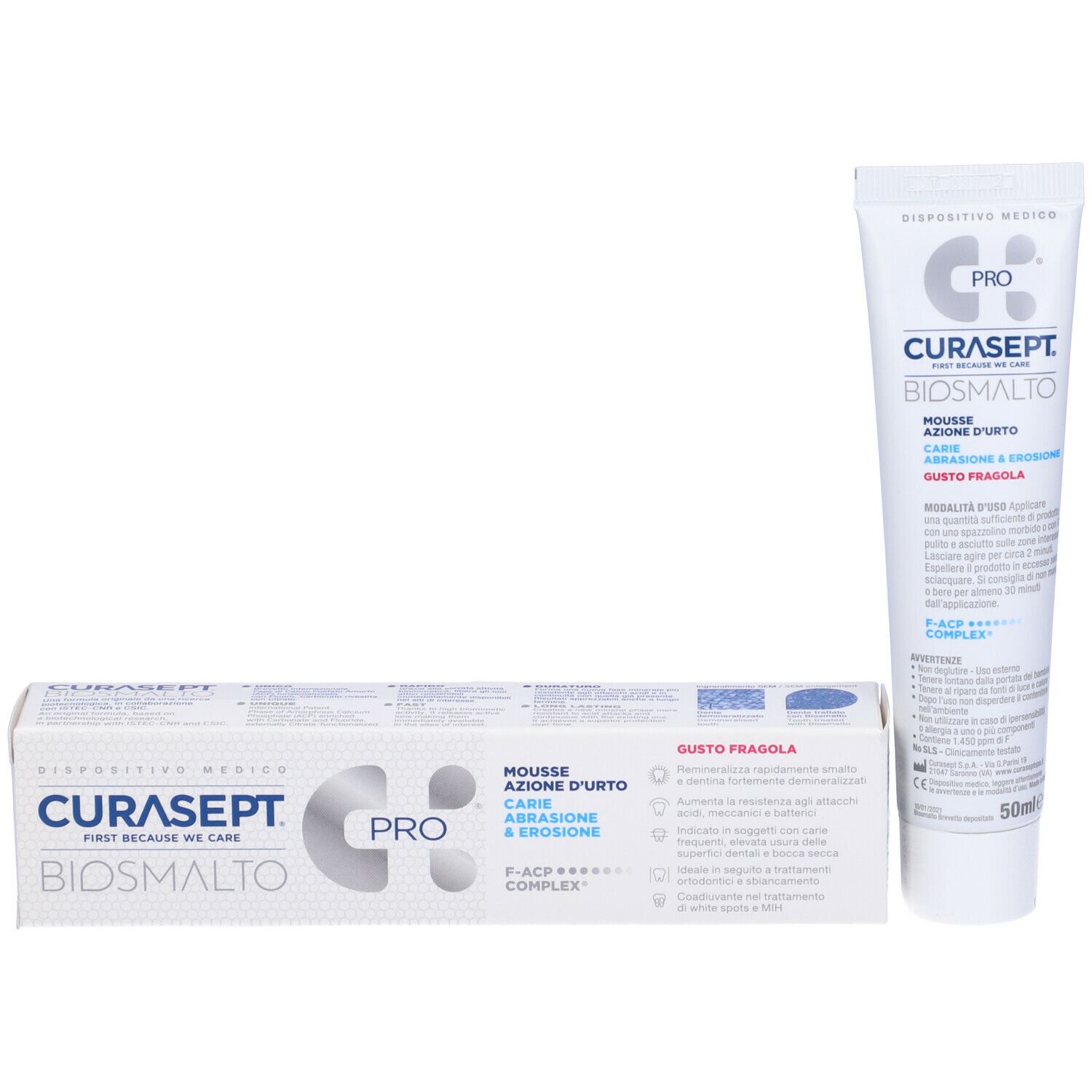 CURASEPT BIOSMALTO Mousse, tubo e scatola. Scritta: C+ Pro, Impact Action Mousse, Carie, Abrasione & Erosione, Gusto Fragola.