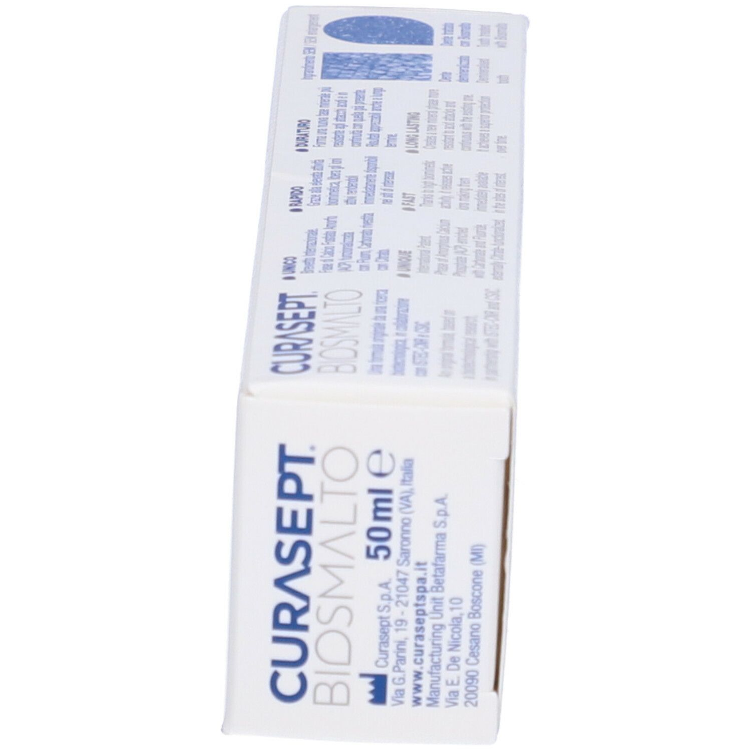 Vista laterale della scatola CURASEPT BIOSMALTO Mousse. Scritta: C+ Pro, BIOSMALTO, 50 ml.