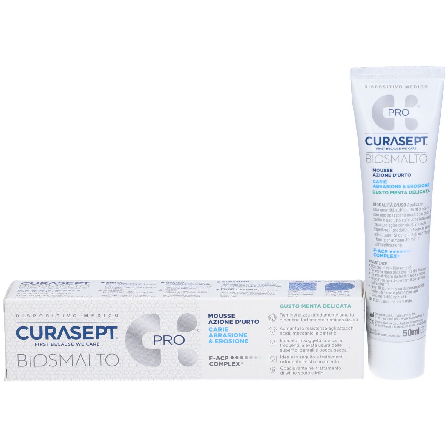 Tubo e scatola con nome e logo del prodotto. Testo: Mousse, Carie, Abrasione & Erosione. Gusto menta. 50ml.