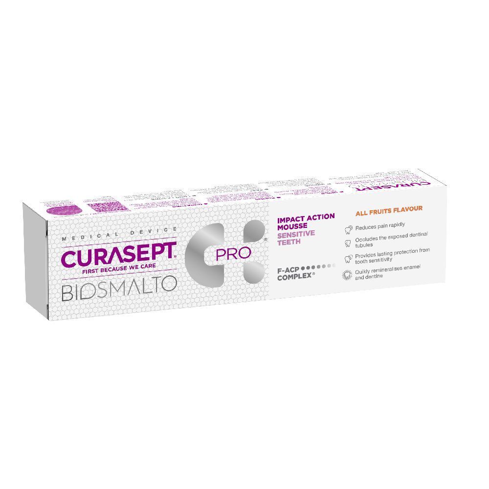 Scatola di dentifricio CURASEPT Biosmalto Pro Tutti Frutti. Marchio e logo ben visibili.