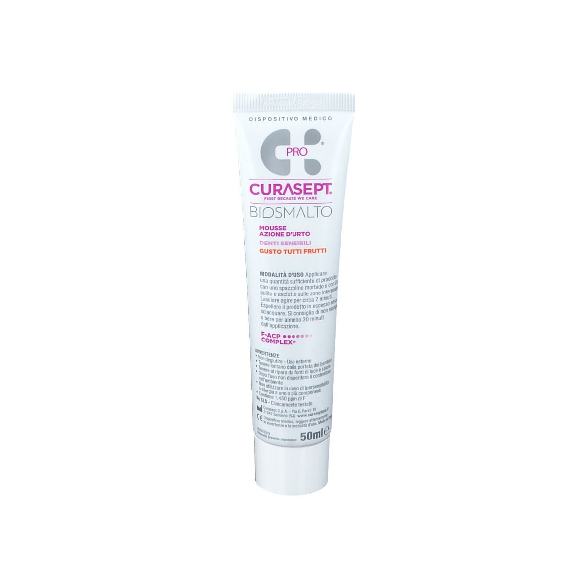 Tubo di dentifricio CURASEPT Biosmalto Pro Tutti Frutti, 50ml. Marchio e logo ben visibili.