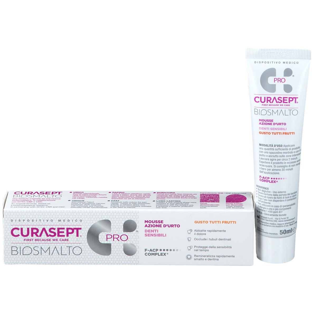 Tubo e scatola di dentifricio CURASEPT Biosmalto Pro Tutti Frutti. Marchio e logo ben visibili.