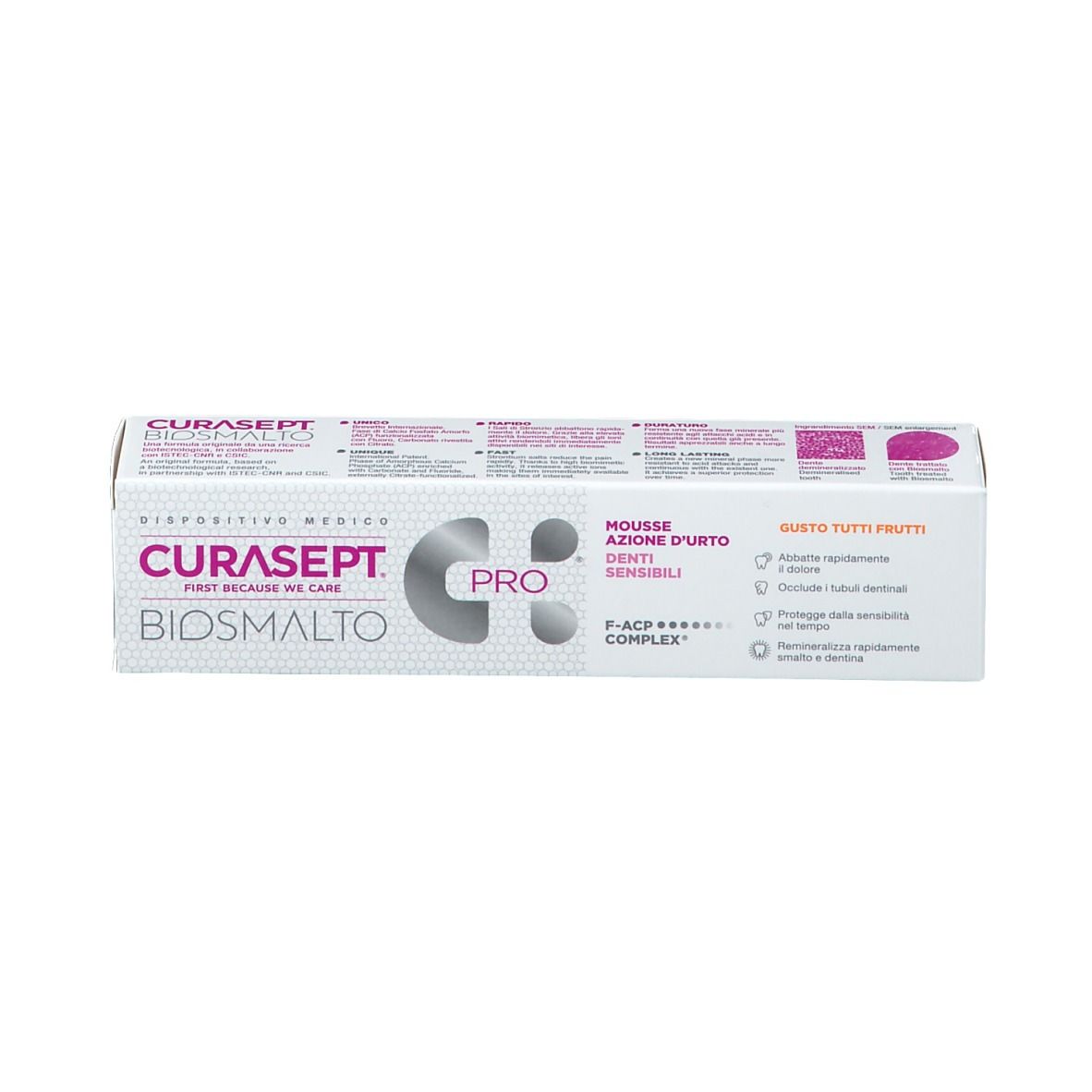 Scatola di dentifricio CURASEPT Biosmalto Pro Tutti Frutti. Marchio e logo ben visibili.