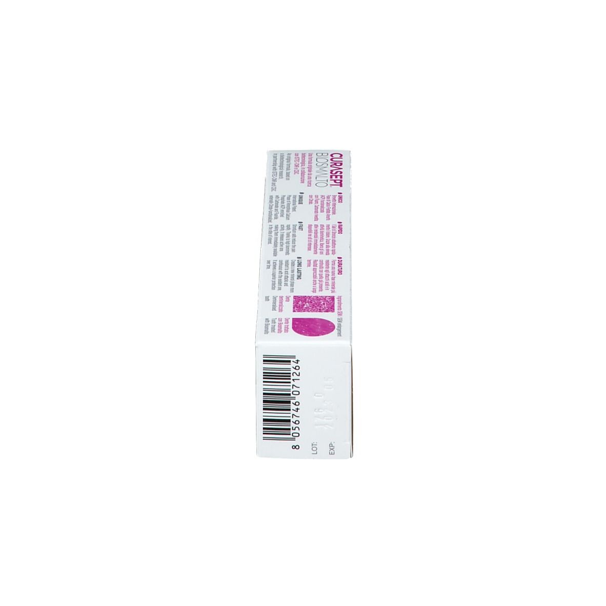 Vista laterale della scatola di dentifricio. Scritte CURASEPT Biosmalto Pro, Tutti Frutti, 50ml.