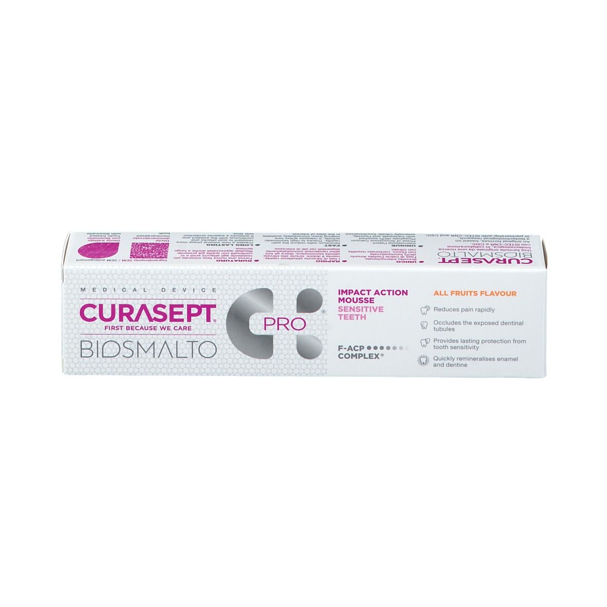 Scatola di dentifricio CURASEPT Biosmalto Pro Tutti Frutti. Marchio e logo ben visibili.