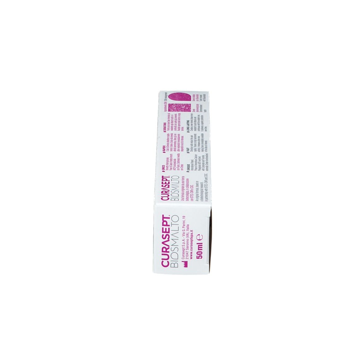 Vista laterale della scatola di dentifricio. Scritte CURASEPT Biosmalto Pro, Tutti Frutti, 50ml.