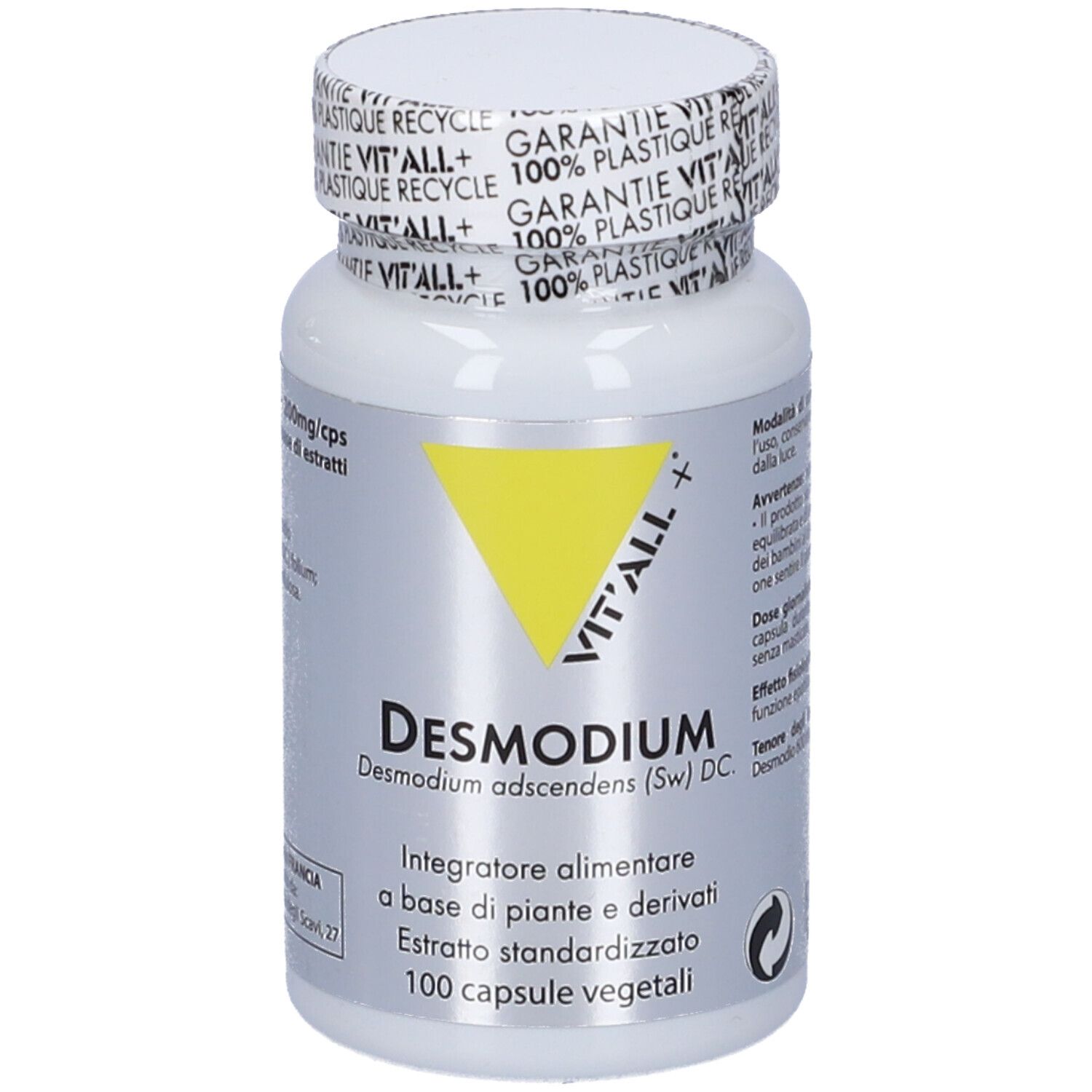 Flacone bianco con triangolo giallo e scritta 'VIT'ALL+'. Visibili 'Desmodium' e '100 capsule vegetali'.