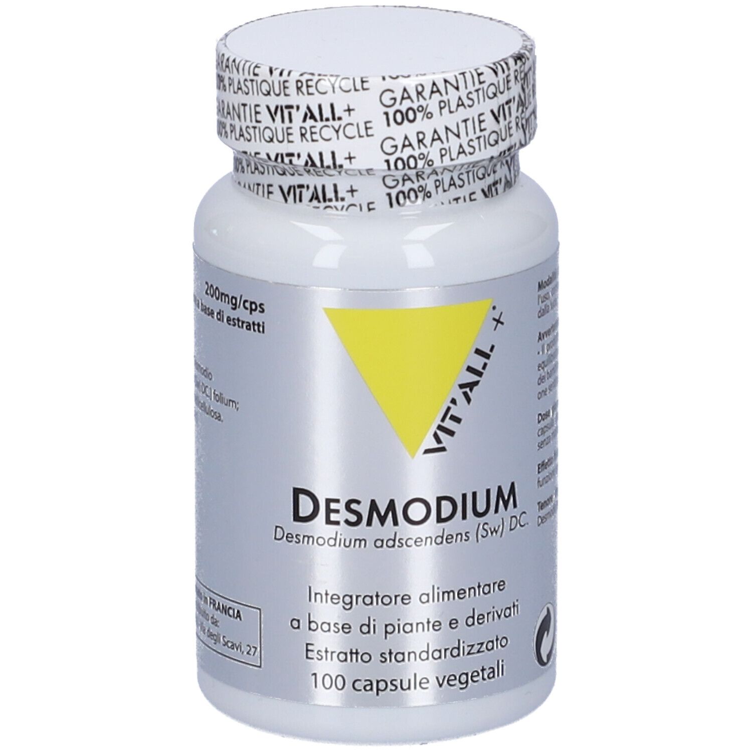 Flacone bianco con triangolo giallo e scritta 'VIT'ALL+'. Visibili 'Desmodium' e '100 capsule vegetali'.
