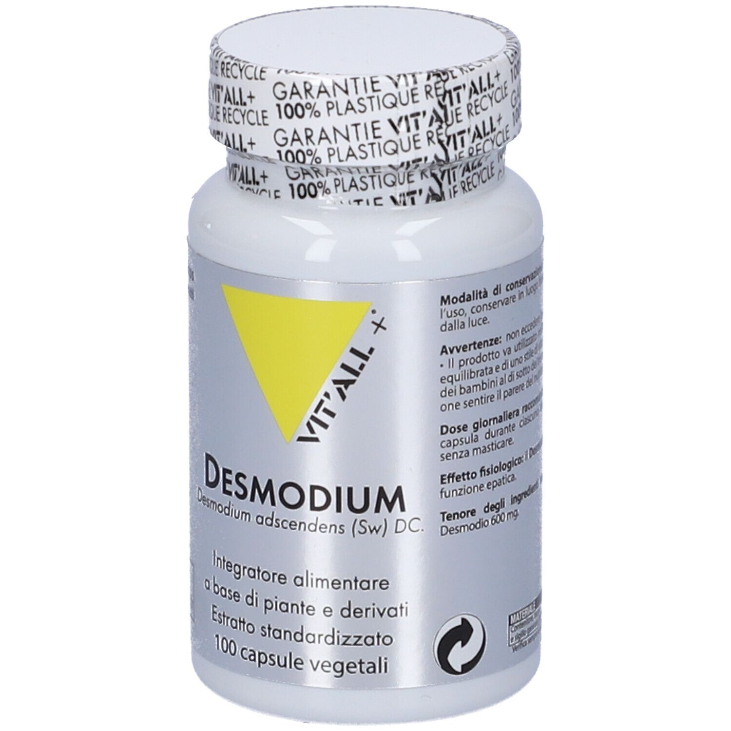 Flacone bianco con triangolo giallo e scritta 'VIT'ALL+'. Visibili 'Desmodium' e '100 capsule vegetali'.