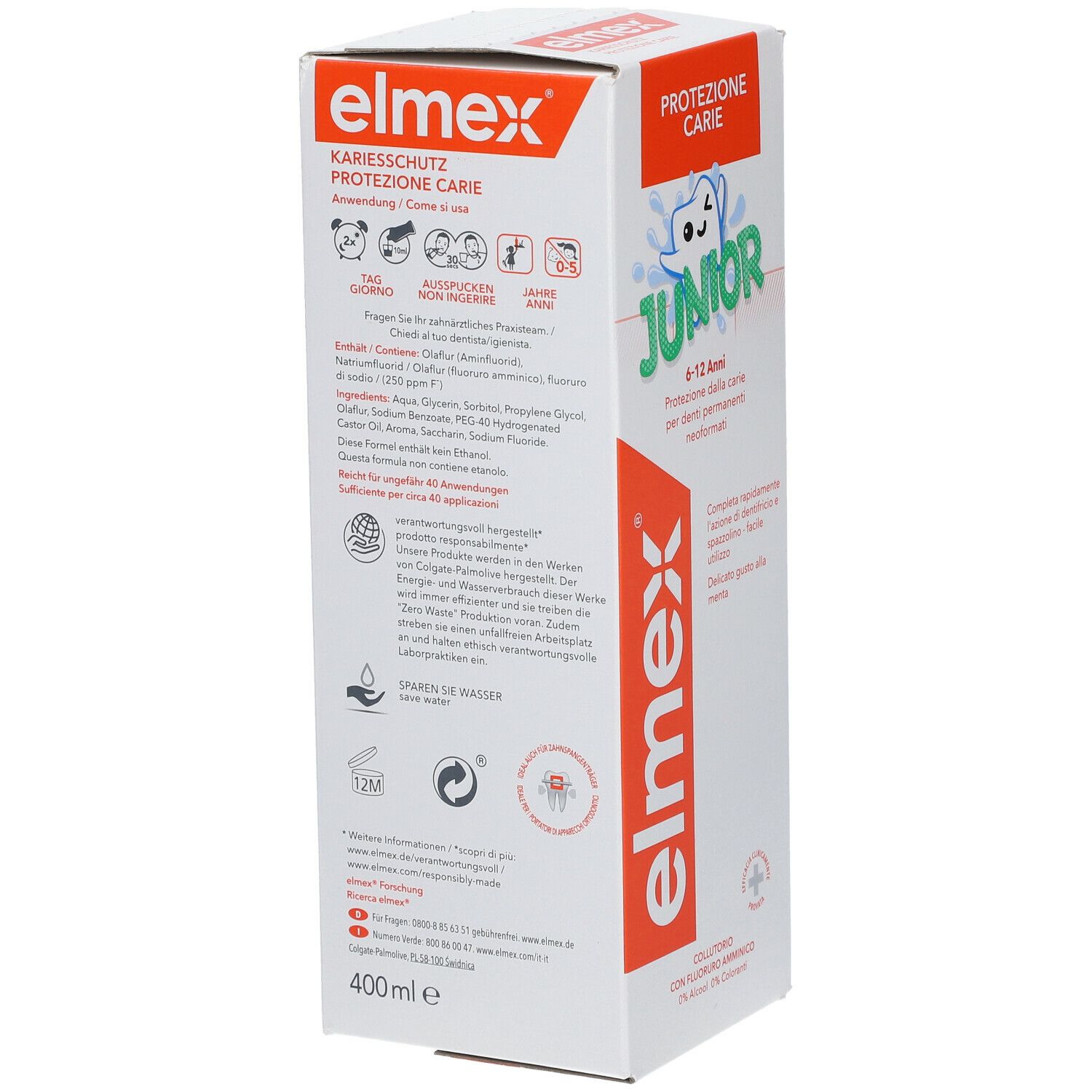 elmex® Junior collutorio. Confezione con informazioni sul prodotto e ingredienti. 400ml.