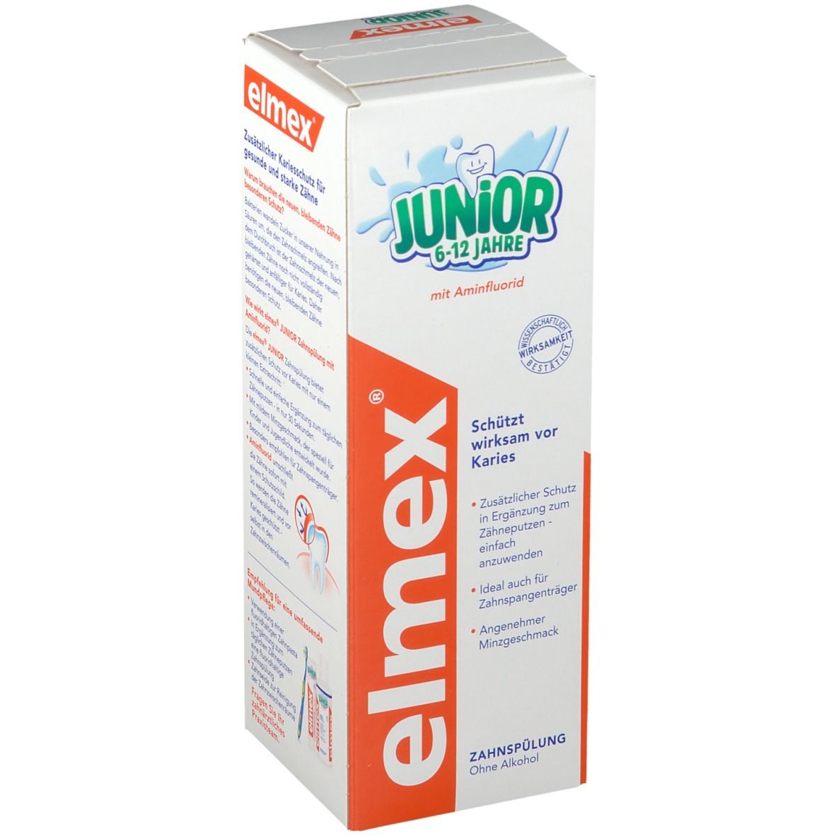 elmex® Junior collutorio. Confezione con informazioni sul prodotto. Testo: Junior, 6-12 anni, con fluoruro amminico.